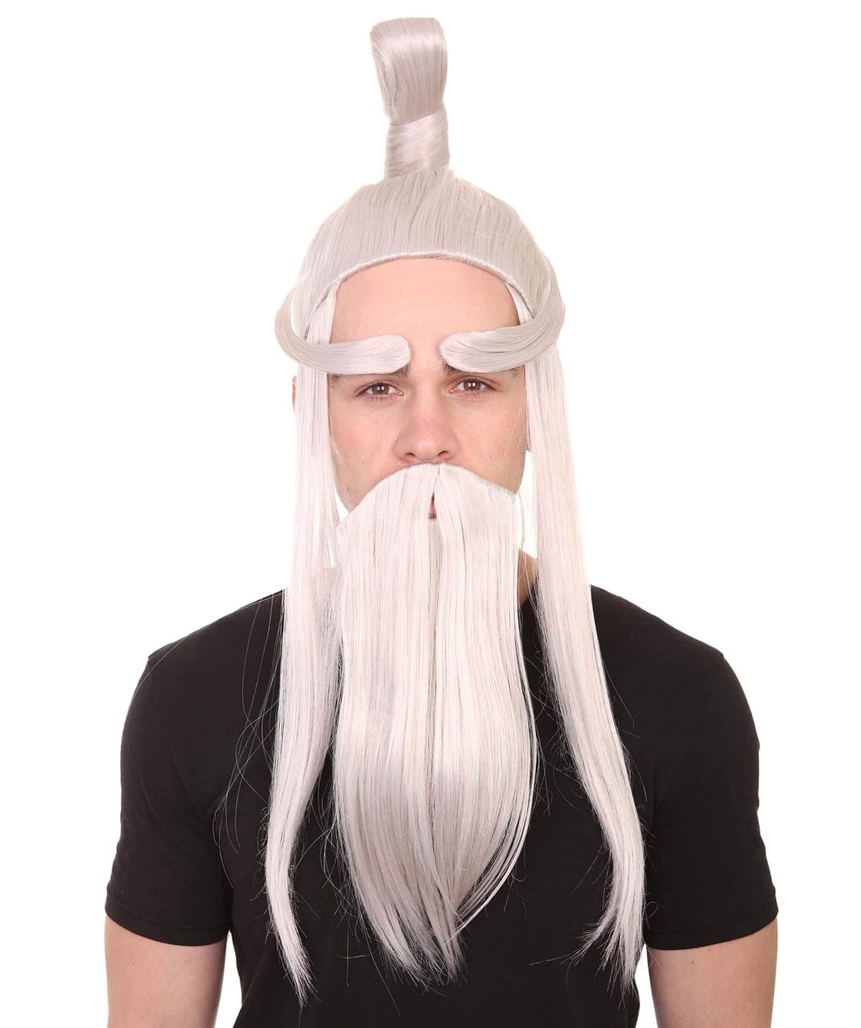 Adult Men's White Martial Arts Master Wig with Beard & Eyebrow Set, Best for Halloween, Flame-retardant Synthetic Material