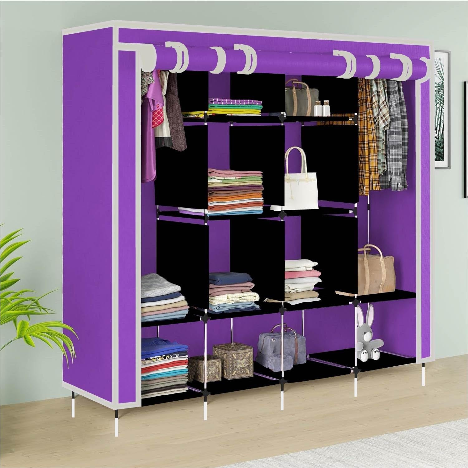 GTC 12 Shelves Fancy Layer Collapsible Purple Wardrobe Portable Almirah Foldable Racks for Clothes Cupboard Cloth Plastic Frame Organizer (88370)