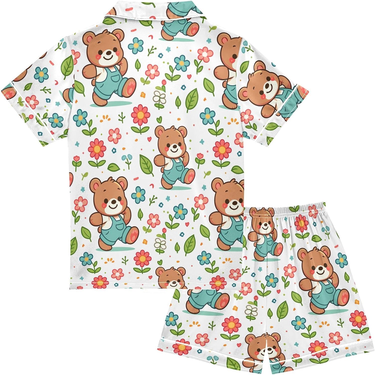 Kids Casual Satin Wear Set Pattern with Cartoon Bear Flower and Leaf Unisex Short Sleeve Clothing for Relaxing
