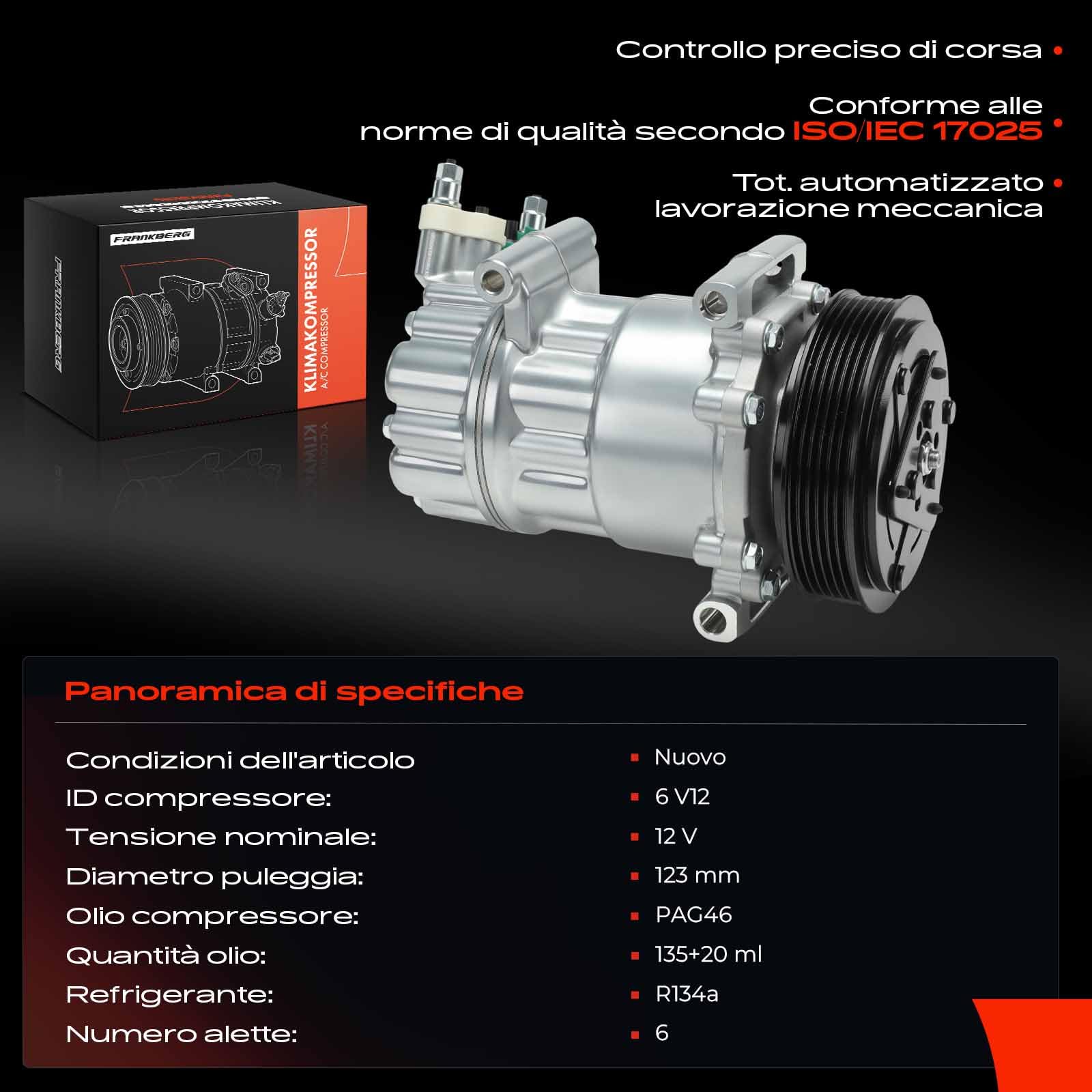 Frankberg Compressore dell'aria condizionata con frizione Compatibile con 207 WA WC WD WK 307 3A/C 3E 3B 3H Berlingo B9 C3 SC SH 308 4B 4A 4C 4E 4H C4 LA LC UA 9659875780, con l'olio preconfezionato