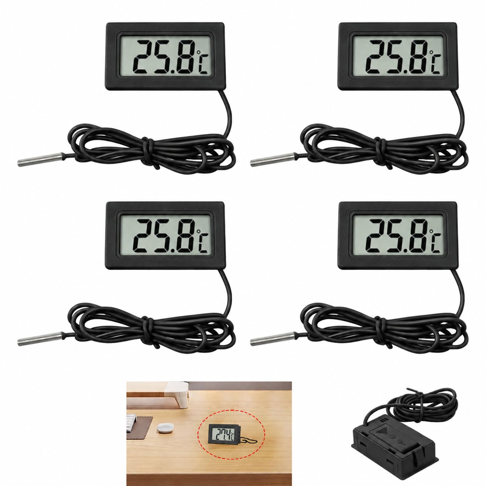 Digitales LCD-Digital-Thermometer mit externer Sonde, wasserdicht, für Kühlschrank, Gefrierschrank, Aquarium und andere Anwendungen, integriertes Thermo-Hygrometer, Temperaturbereich -50 °C bis 110 °C