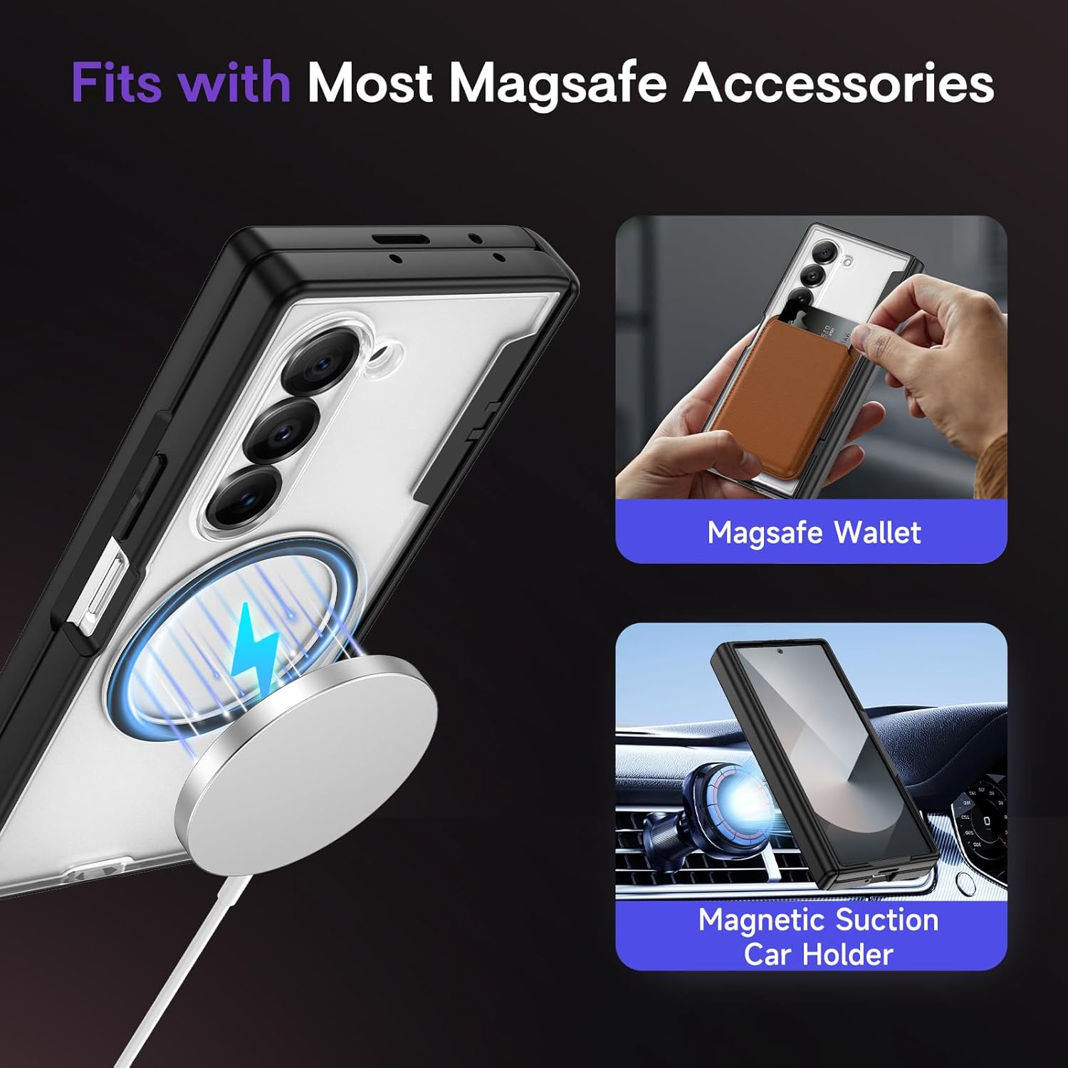 Maxdara for Z Fold 6 Case [Compatible with Magsafe], Hinge Protection and Built-in Screen Protector Magnet Magnetic Translucent Cover for Samsung Galaxy Z Fold 6 (Black)