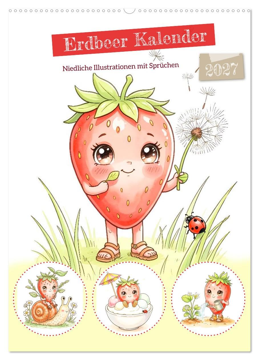 Erdbeer Kalender - Niedliche Illustrationen mit Sprüchen (Wandkalender 2027 DIN A2 hoch), CALVENDO Monatskalender: Ein liebevoll gestalteter ... gute Laune verbreitet. (CALVENDO Spass)