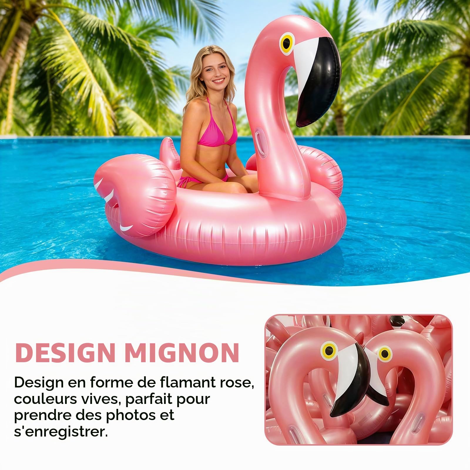 Flotteur de Piscine en Forme de Flamant pour Adultes, 110 × 93 cm Bouée de Natation Flamant Matelas Gonflable en PVC, Poids Maximal de 90 kg pour Estivaux, Rose