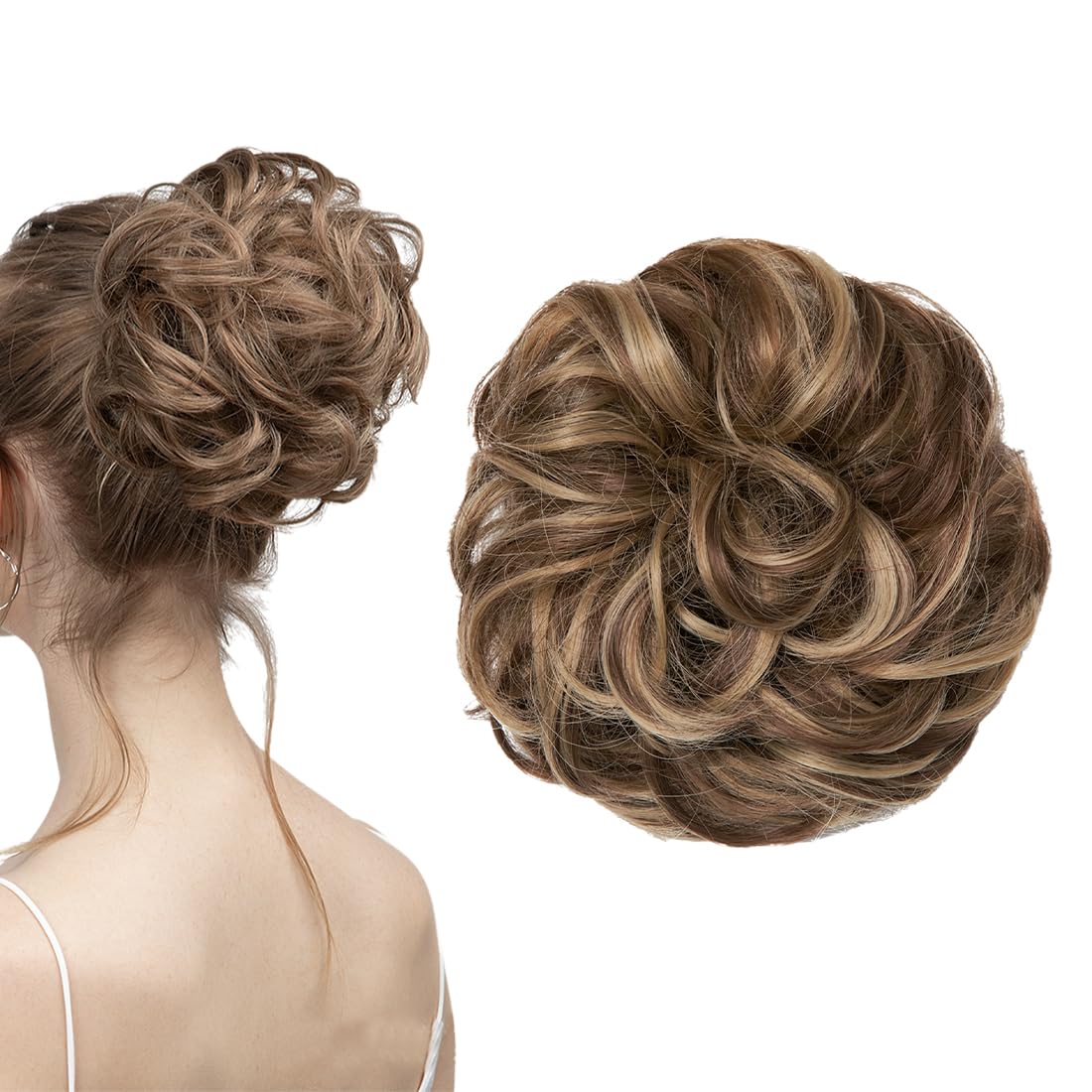 Moños Postizos, Natural Rizado Ondulado Postizo Moño Sintético, Moño Sintético Despeinado para Mujeres (A)