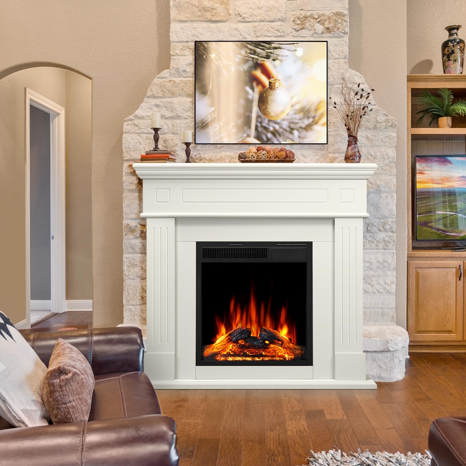 43” Electric Fireplace Mantel Freestanding Electric Fireplace, Remote Control, Adjustable Led Flame, 750W/1500w Cream Cream 43''