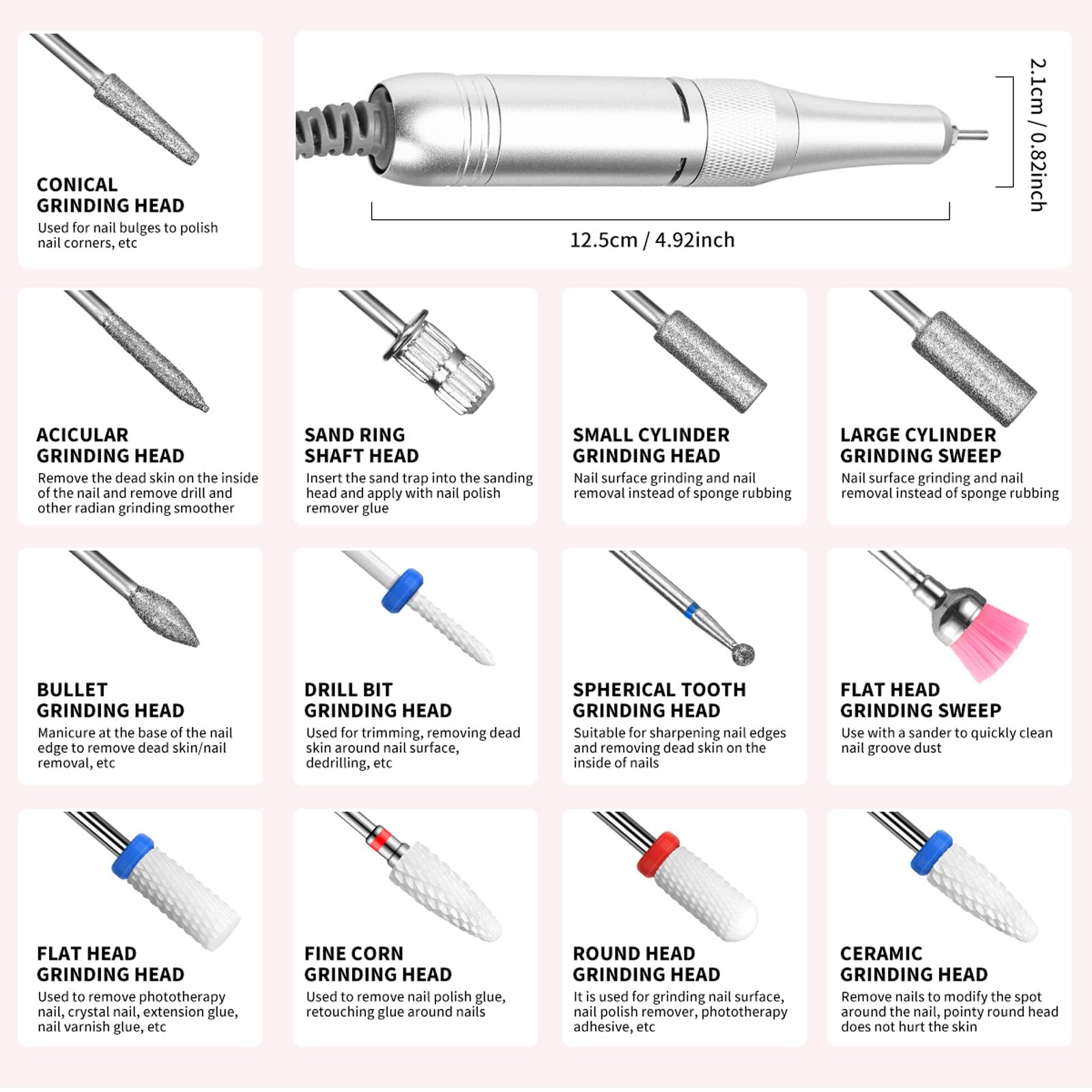 Ponceuse pour Ongles Professionnelle 45000 RPM Portable Rechargeable avec 13 Embouts et 56 Bandes de Ponçage, LCD écran, Ultra Silencieuse, Silencieuse pour Salon/Maison (Rose)