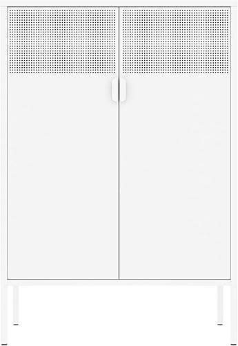 Miniatura 3 de Armario de almacenamiento de metal con 2 puertas de malla con estantes ajustables, gabinete de almacenamiento blanco multiusos, gabinete de oficina
