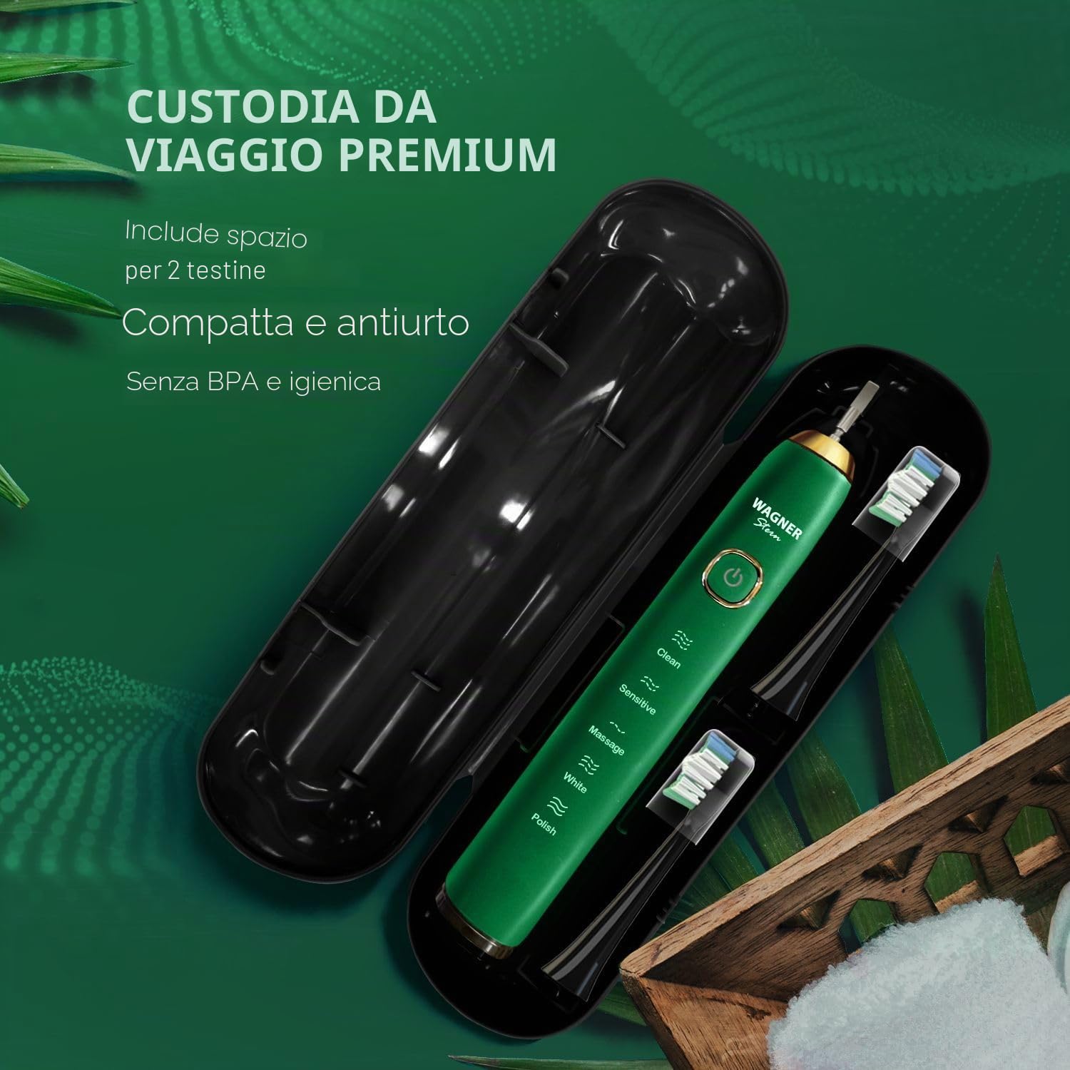 Wagner Stern Lo spazzolino elettrico Sapphier Blue Edition sbiancante ad ultrasuoni presenta cinque modalità di spazzolatura, otto testine morbide e una lussuosa custodia da viaggio.