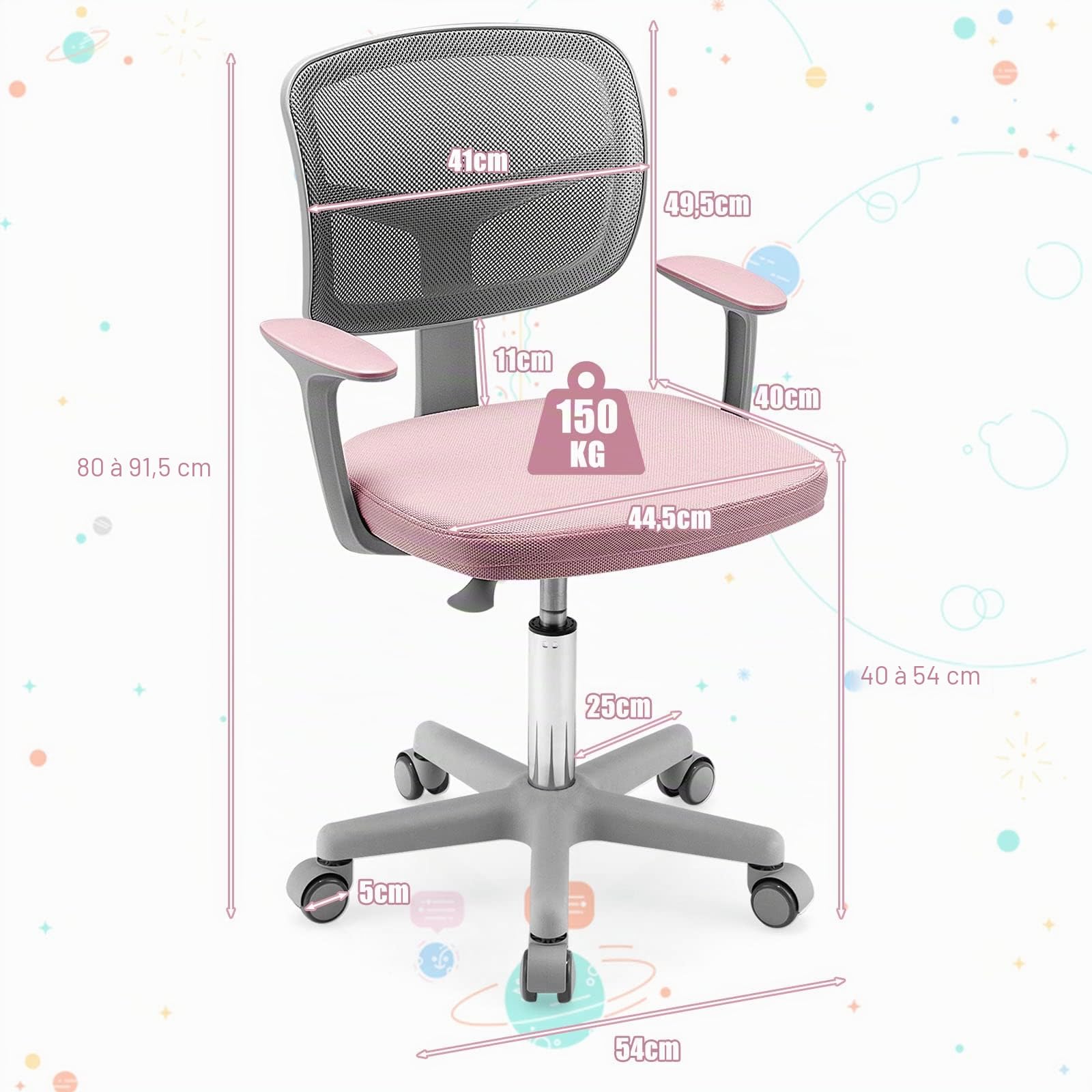 GOPLUS Chaise de Bureau pour Enfant, Chaise d’Étude avec Dossier Ergonomique et Siège Pivotant à 360°, Hauteur Réglable, pour Chambre d’Enfant, Capacité de Charge Max 150 Kg (Rose)