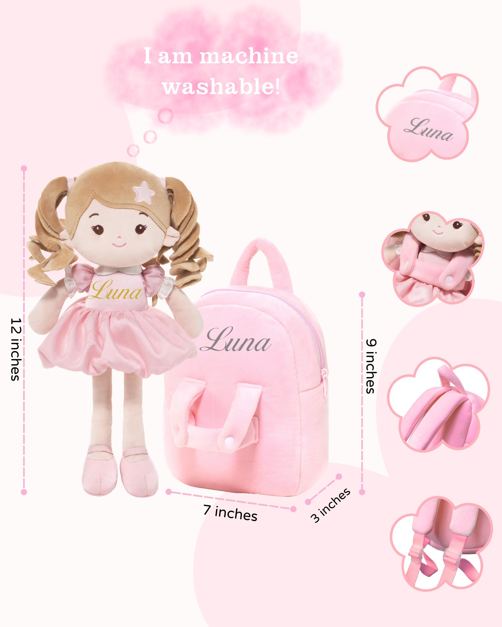 LeyaDoll Personalisiertes, weiches Baby-Puppen-Rucksack-Set, 1 Jahr altes Mädchen, Geschenke | Inklusive pinker Geschenktüte, Schlafenszeit Buddy für Kleinkinder, gesticktes Gesicht und butterweich, maschinenwaschbar