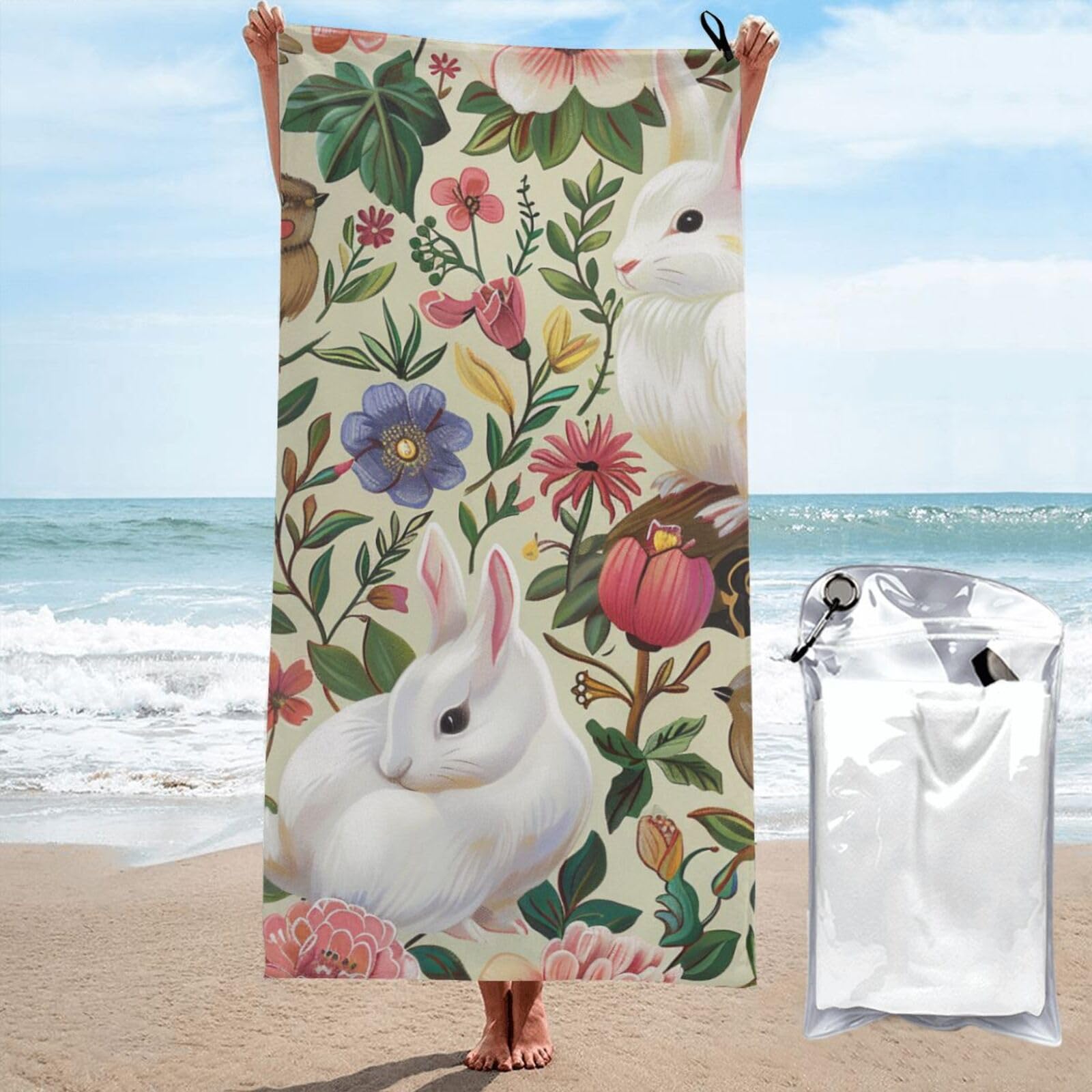 BWWHCCTI Flowers Bunnies Birds Printed Microfiber Quick Dry Beach Towel 80x160 CM, Fast Drying Bath Towels with Bags for Travel,Camping,Gym,Beach,Swimming,Yoga