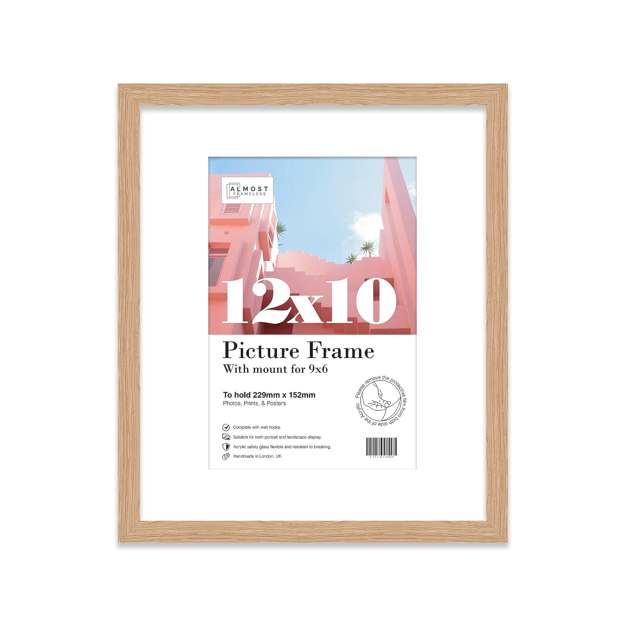 Almost Frameless 12x10 Oak Picture Frame With Mount for 9x6 Print, Poster or Photo Poster, Photo, Artwork, or Print. Thin Edge Slim Frame Portrait and Landscape Display with Wall Hooks