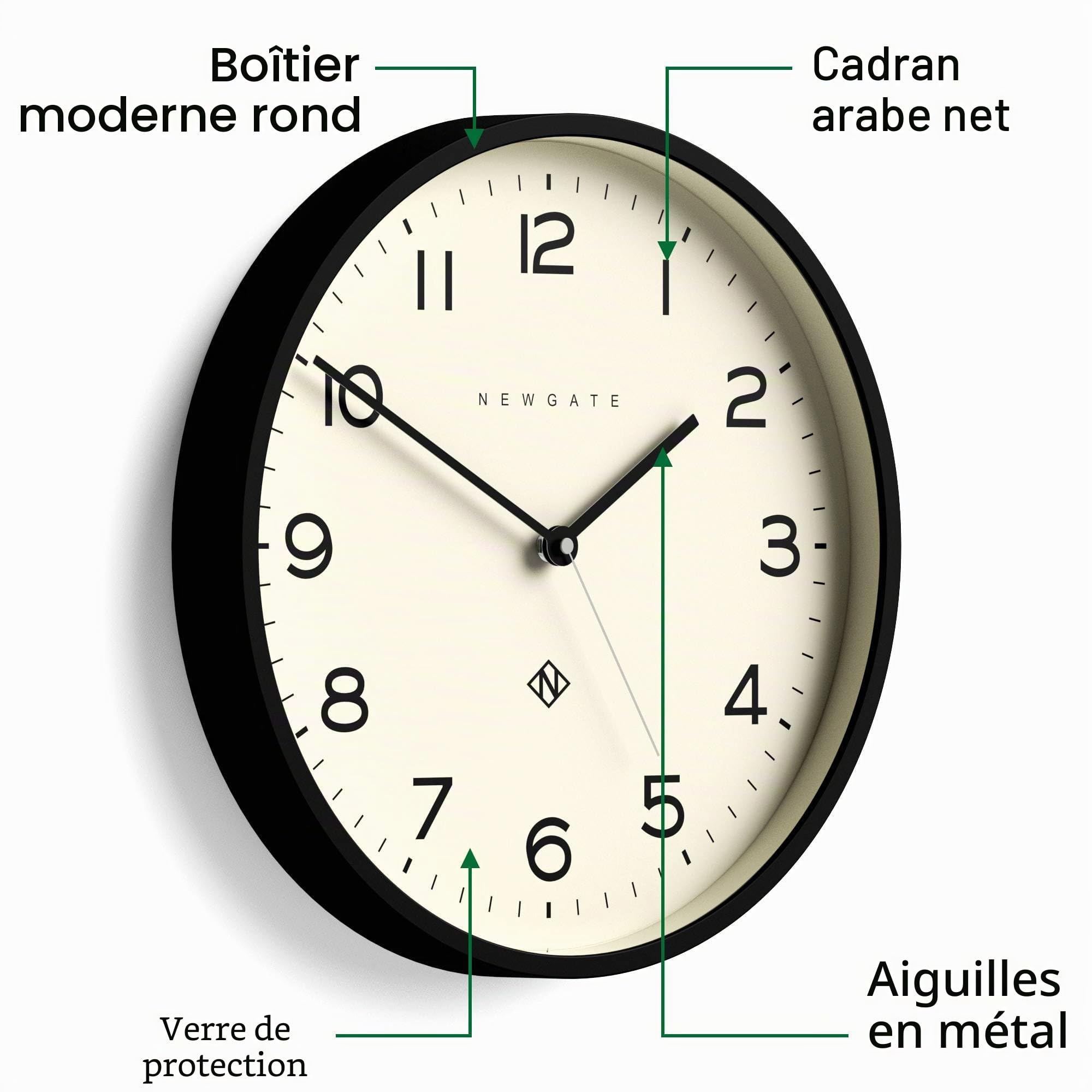NEWGATE® Number Three Echo Horloge Murale | Horloge Ronde Moderne | 37cm | Noir | des nombres faciles à Lire | Idéal pour la Cuisine, Le Salon ou Le Bureau