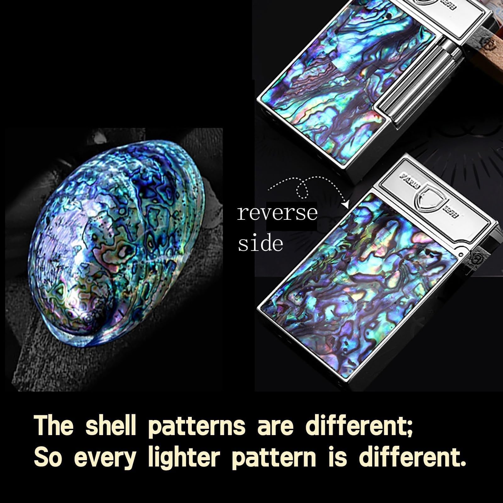 Encendedor abatible de cobre con incrustaciones de carcasa colorida, llama suave de butano recargable, rueda de molienda deslizante lateral, regalo único para hombres