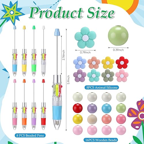 Miniatura 2 de 8 juegos de bolígrafos con cuentas, bonitos bolígrafos de plástico para cuentas con 24 cuentas para estudiantes, escuela, oficina (multicolor, flor)