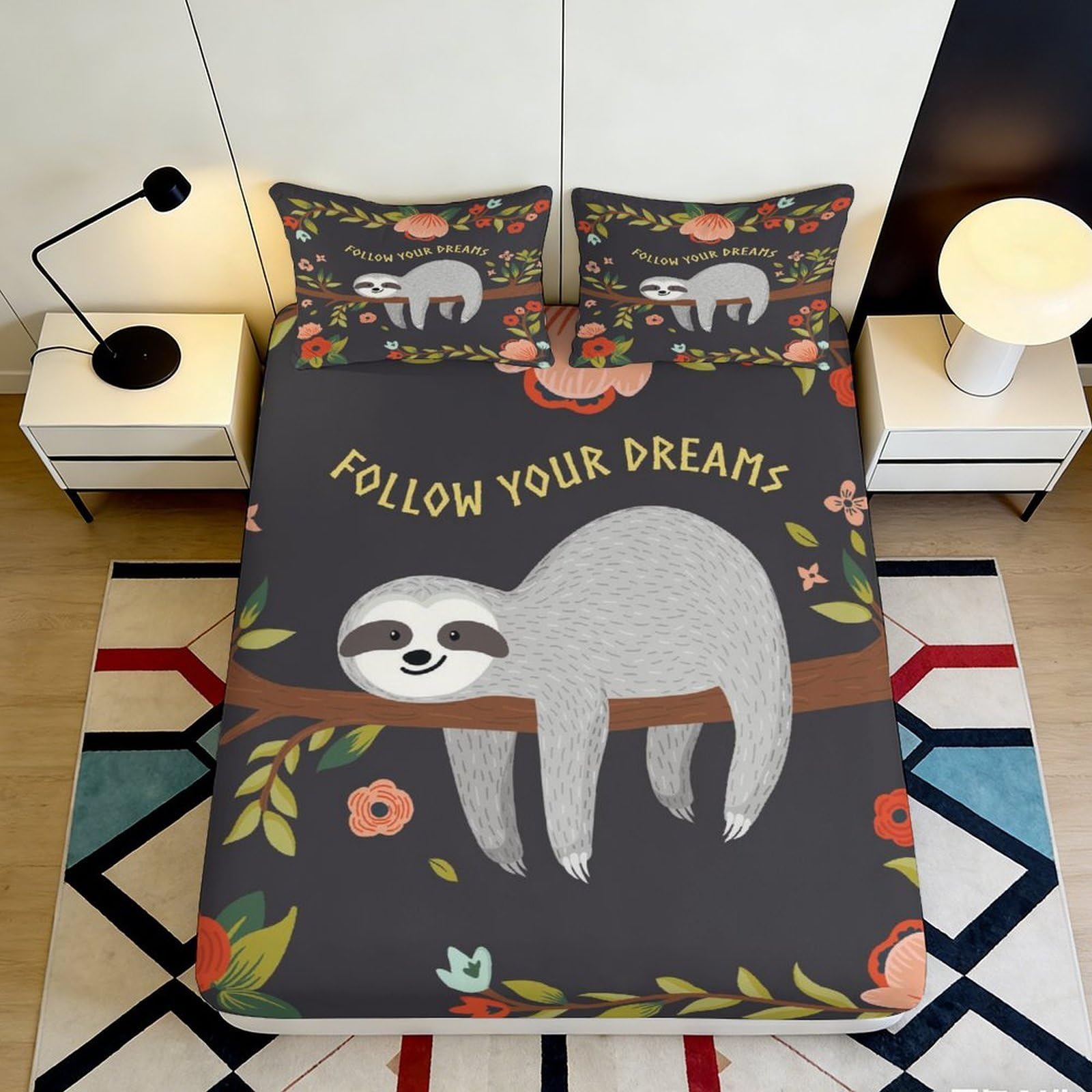 3D Printed Sloth Floral Fitted Sheet Microfiber Soft Mattress Cover for Bedroom Dorm Bed Protection Decor 116 140x200x25cm