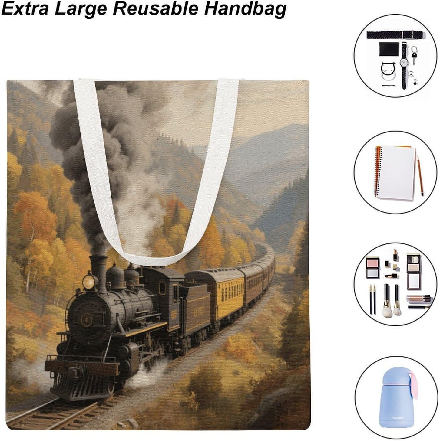 Canvas Tote Bag 16x15 In Lightweight Foldable Shoulder Hobo Purse | Steam Train Valley, Casual Tote with 10" Strap, Everyday Carryall, for Travel Work Grocery Shopping Beach Mark Gym Yoga