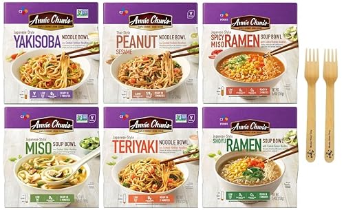 Annie Chun's - Tazones de fideos y sopa de estilo japonés, Yakisoba, sésamo de maní, miso ramen picante, miso, teriyaki y shoyu ramen, (paquete de