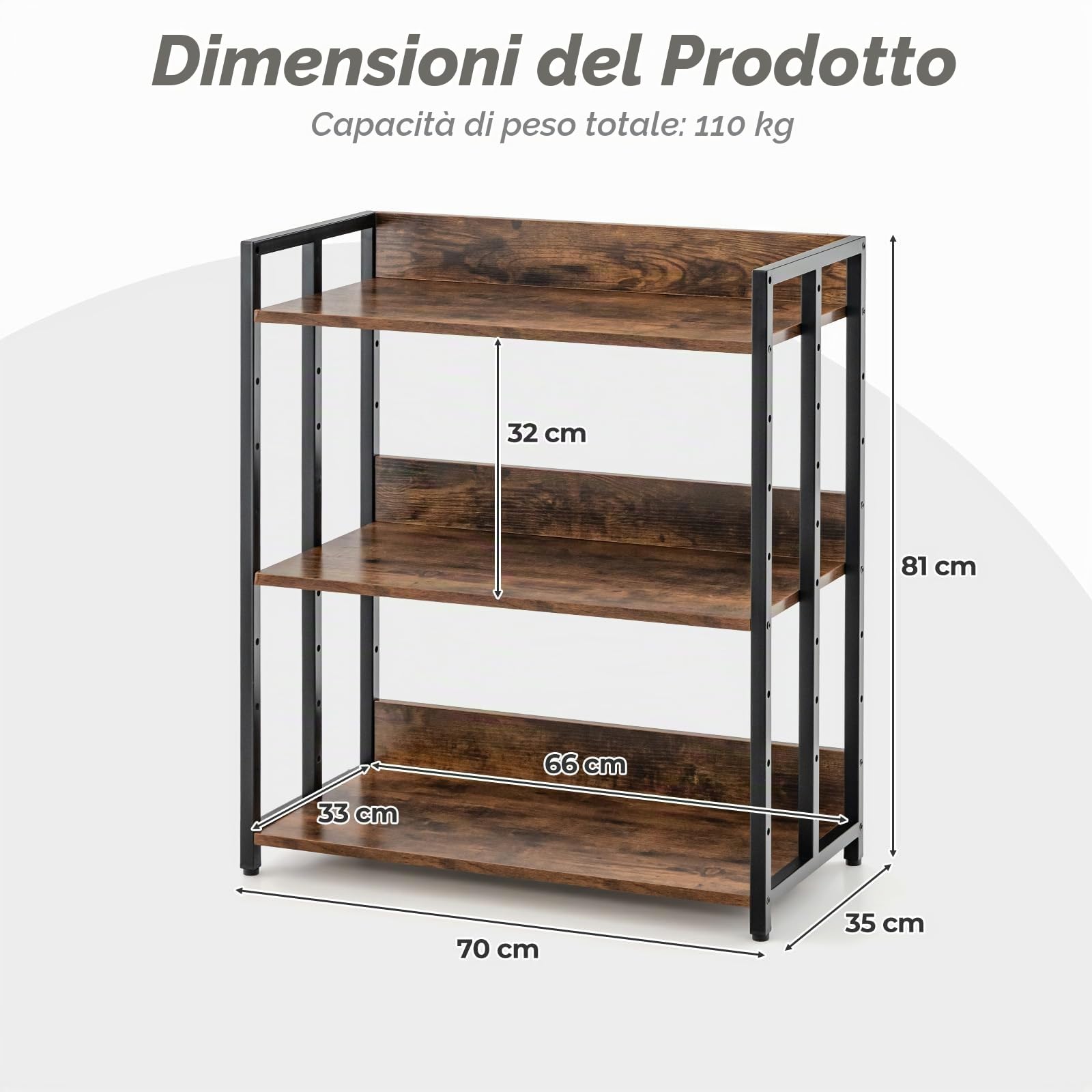 GIANTEX Libreria Scaffale Industriale 3 Ripiani Regolabili con Alette di Protezione, Scaffale Libreria Portaoggetti in Telaio in Metallo, Mensola Multifunzione, 2 Colori, 70 x 35 x 81 cm (Marrone)