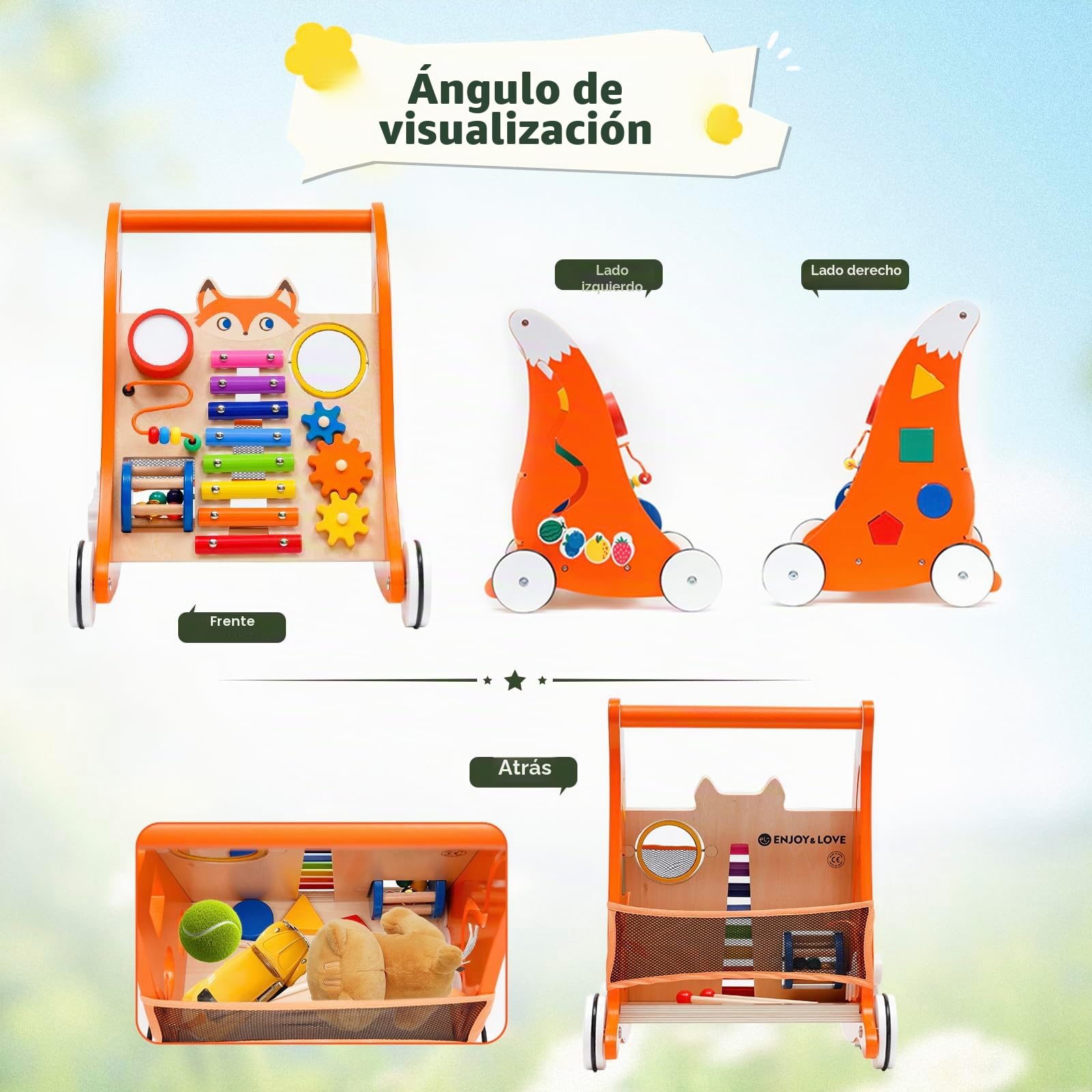 Andador de madera para niños pequeños, multifuncional con tablero de juegos y música, Andador divertido para bebés, con centro de actividades de juguete de madera