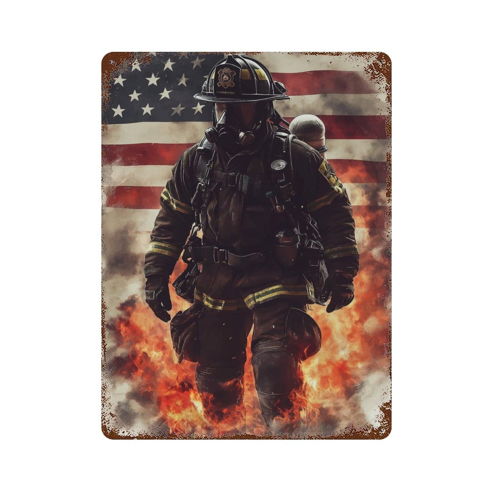 Decorative Tin Sign with Firefighter in Flames Design 15.7"x11.8", for Garage, Bar And Workshop Decor, Farmhouse Wall Decor