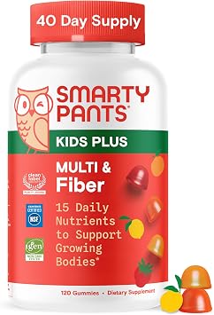 SmartyPants Kids Multivitamin & Fiber Gummies Prebiotic Fiber to Support Kids Digestion with Vitamin D3, C, Vitamin B12, B6, A, Zinc, Biotin, Folate, Three Fruit Flavors, 120 Count 40 Day Supply