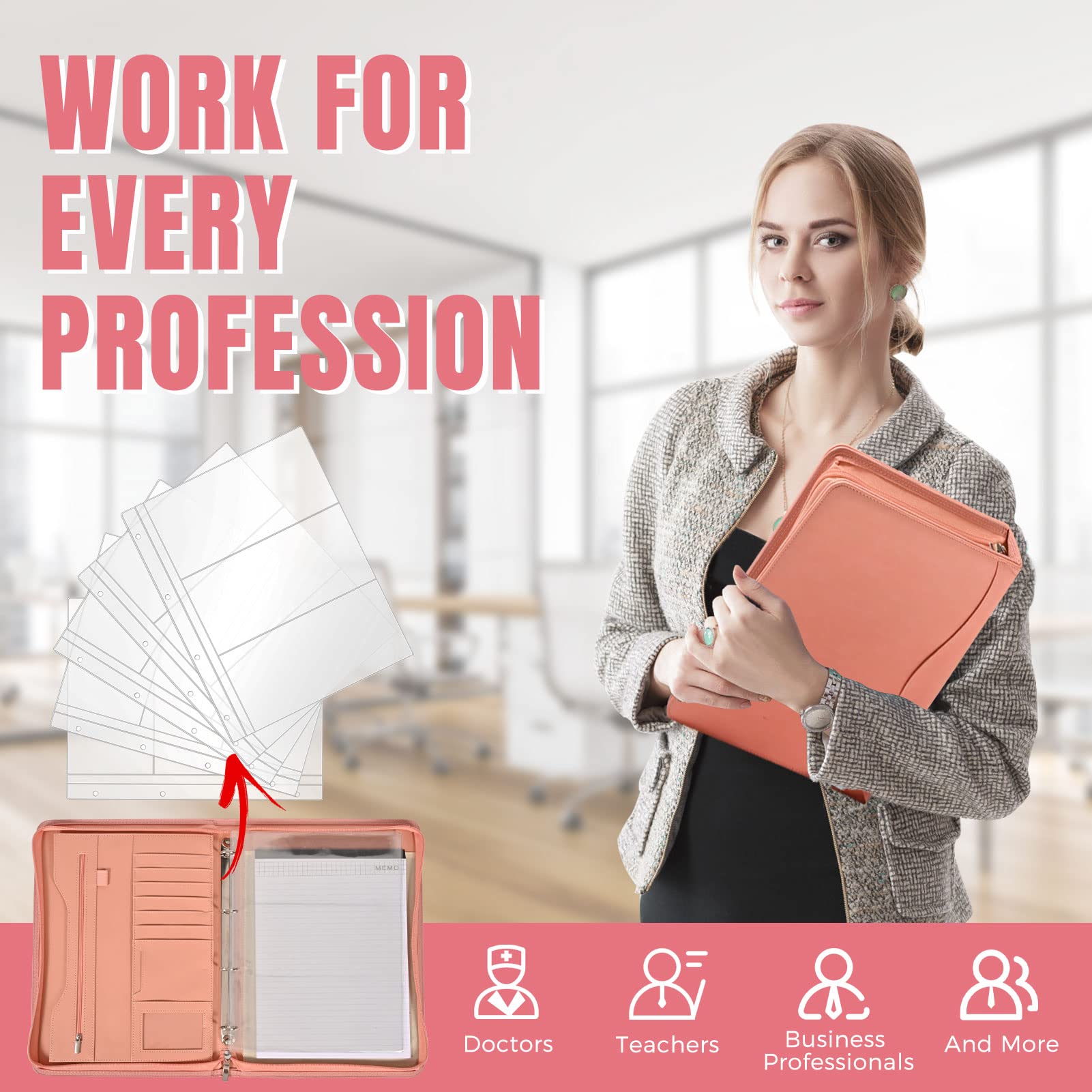 Porte-documents organiseur d'affaires et carnet de notes à anneaux amovibles, classeurs à fermeture éclair pour homme et femme (rose)