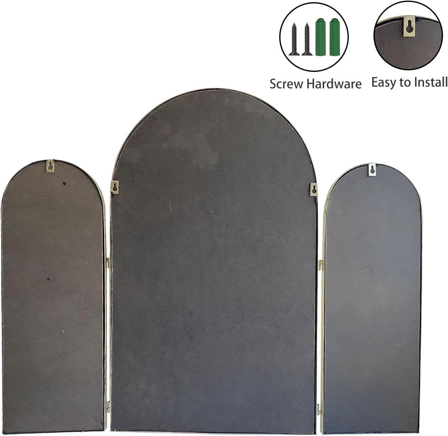 Trifold Vanity Mirrors 3 Way, 30 x 37in Adjustable Vanity Mirrors for Bathroom, Bedroom, Champaign Golden Arch Mirrors Wall Mounted Decoration, Braiding Hair, Makeup 360° Way