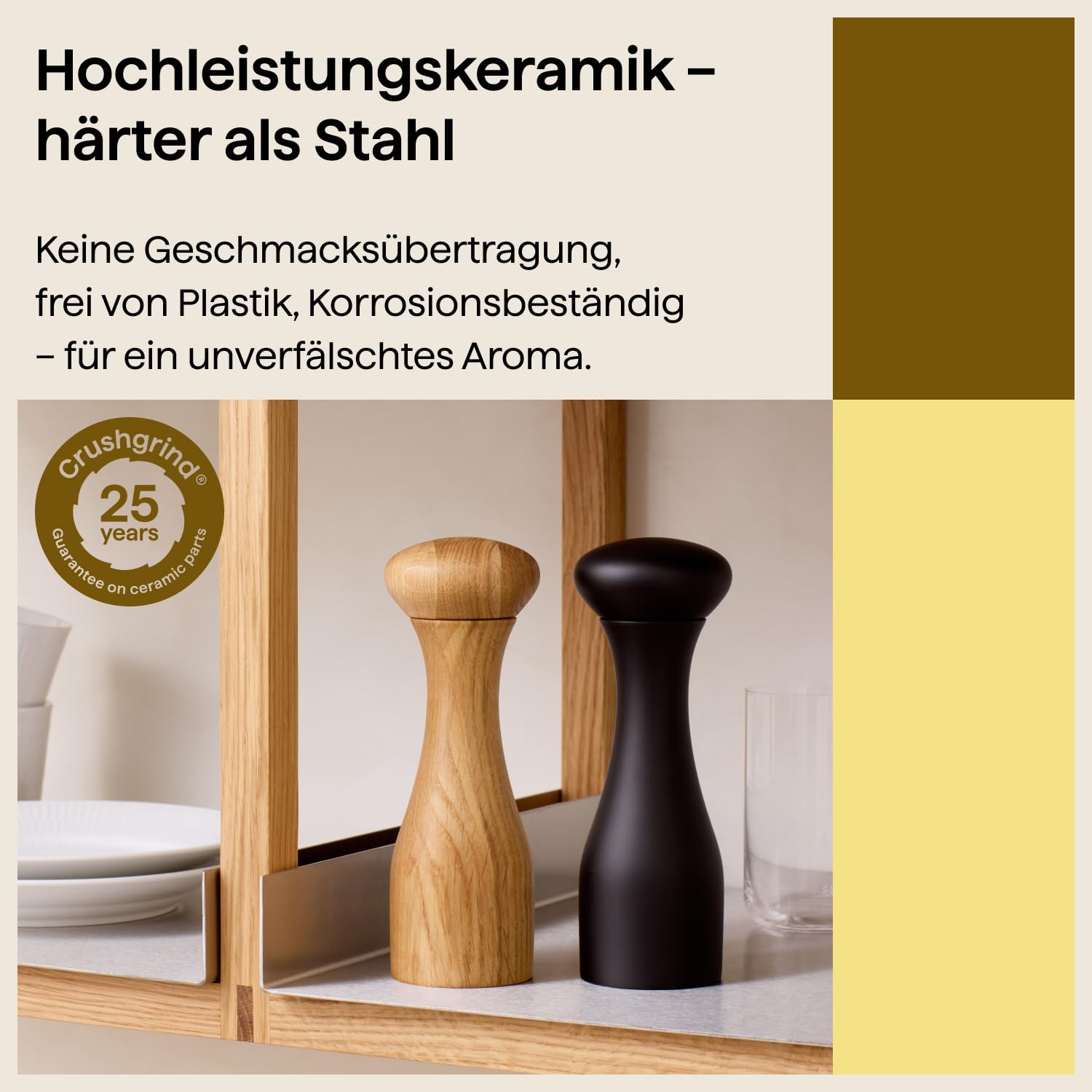 Crushgrind Lyon Gewürzmühle mit Keramikmahlwerk | Holz-Braun | Salz und Peffermühle mit verstellbarem Mahlgrad | Kräutermühle aus hochwertigen, nachhaltigen Materialien (Eiche, 19 cm)