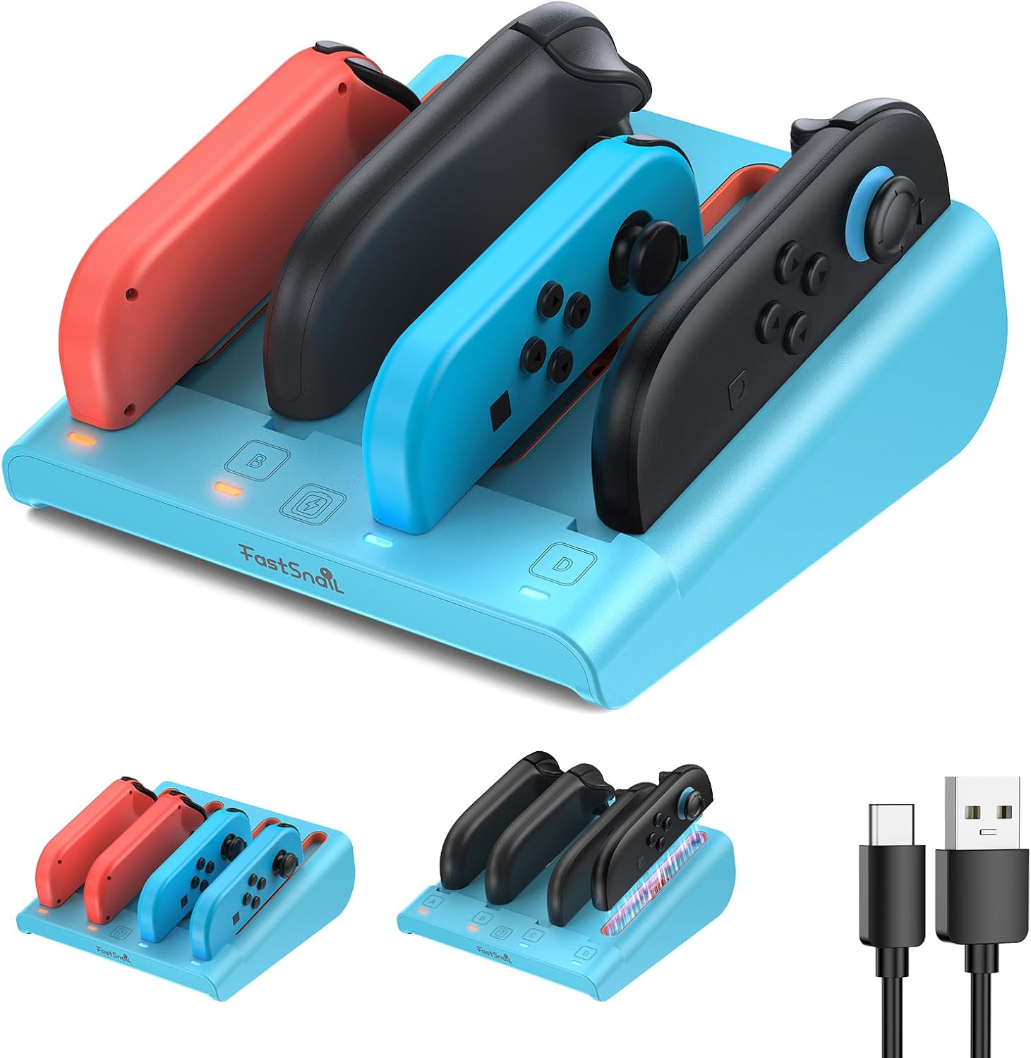 [Switch 1/2 Compatible] FASTSNAIL 8-in-1 Charging Dock for Nintendo Switch 2/1/OLED for Joypad 2/1, Dual-Direction Magnetic Fast Joypad Controller Charger Station Stand for Joypad 1/2 (Blue)