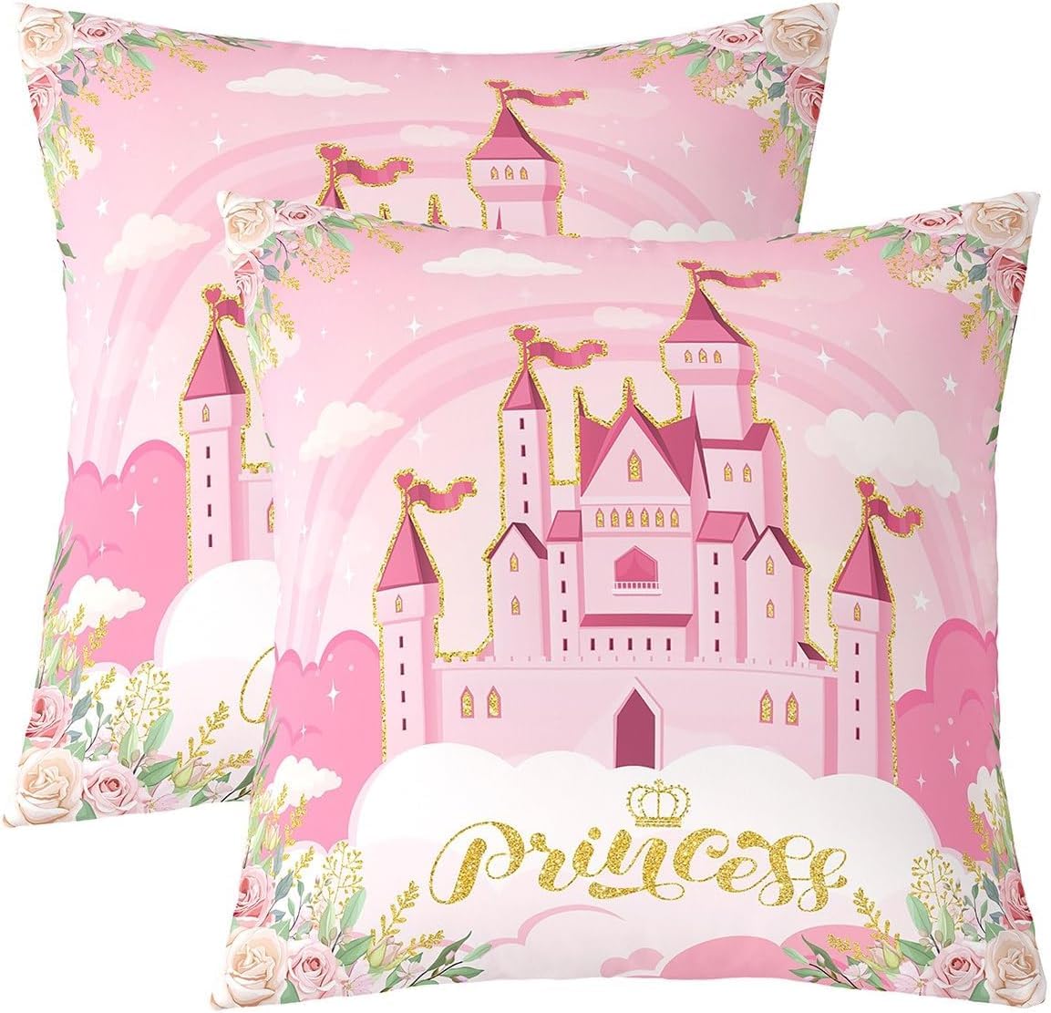 feelingyou Princess Theme Double Sides Print Pillow Covers 20" x 20",Pink Castle Dreamy Pillowcases for Teens Kids Bedroom Decor,Flowers Garden Fairy Reversible Print Pillow Covers 2 Pack