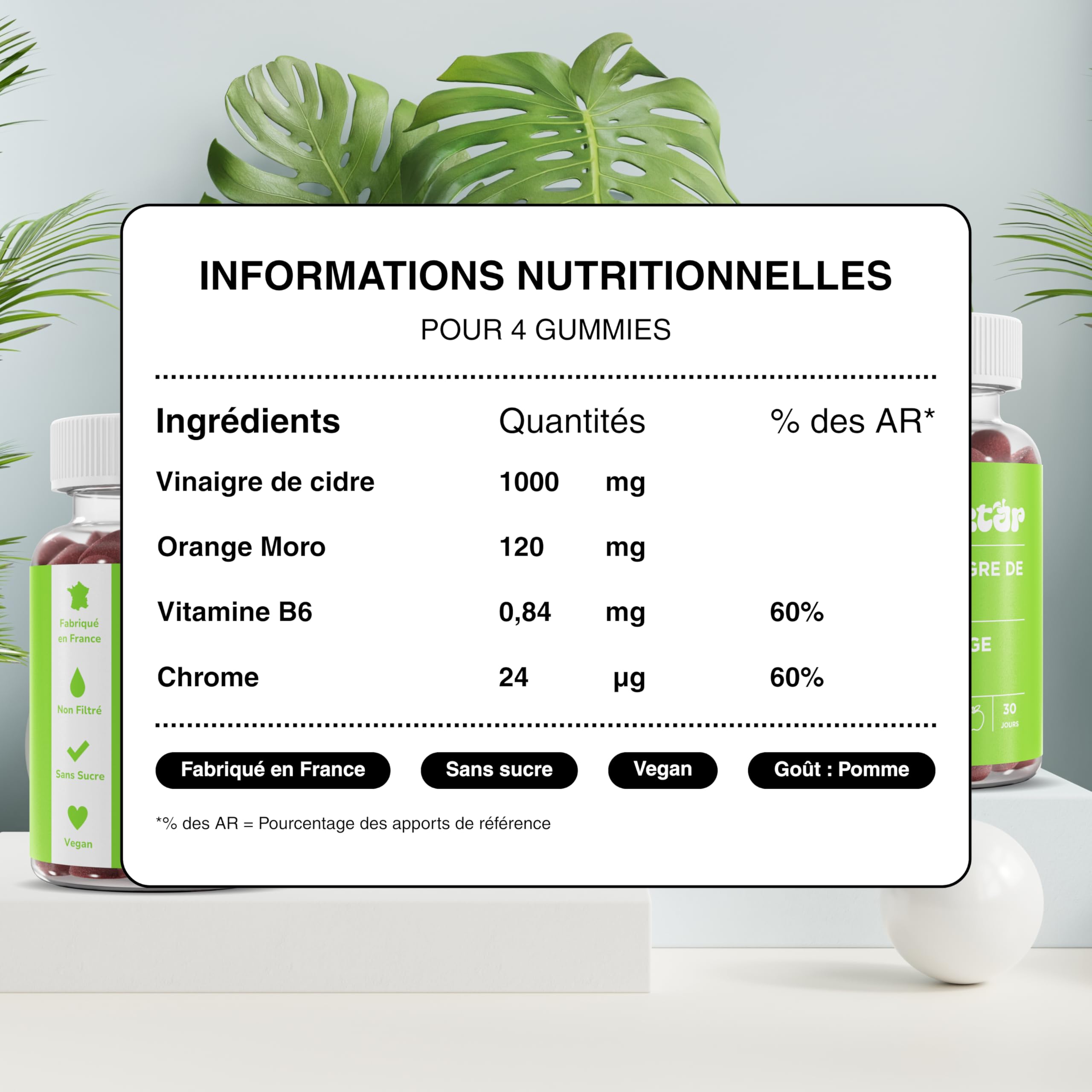 Nektar | Gummies Vinaigre de Cidre 1000mg | Orange Moro | Chrome | Vitamine B6 | Perte de Poids, Digestion, Glycémie & Énergie | Sans Sucre, Vegan | Fabriqué en France