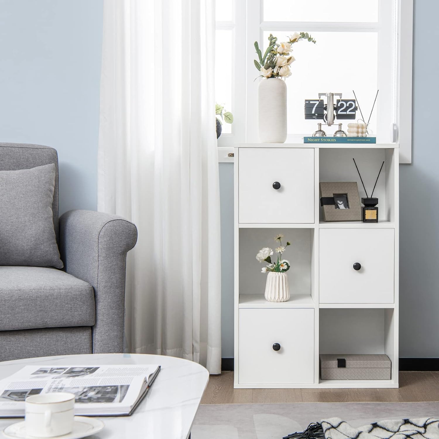 6 Cube Bookcase, 3 Tier Bookshelf with Drawers & Open Storage, Wooden Bookshelves & Bookcases, Modern Display Shelf, Small Book Shelf for Bedroom, Living Room, Home Office (White, 6 Cube)