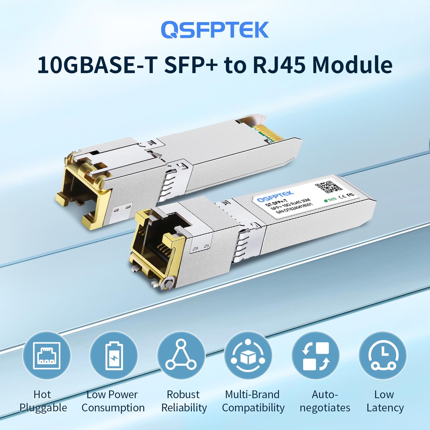 QSFPTEK 2Pack 10GBase-T RJ45 SFP+ Transceiver 30m 1.25/2.5/5/10G-T Modulo per Cisco SFP-10G-T-S, Ubiquiti UF-RJ45-10G, Mikrotik, Supermicro