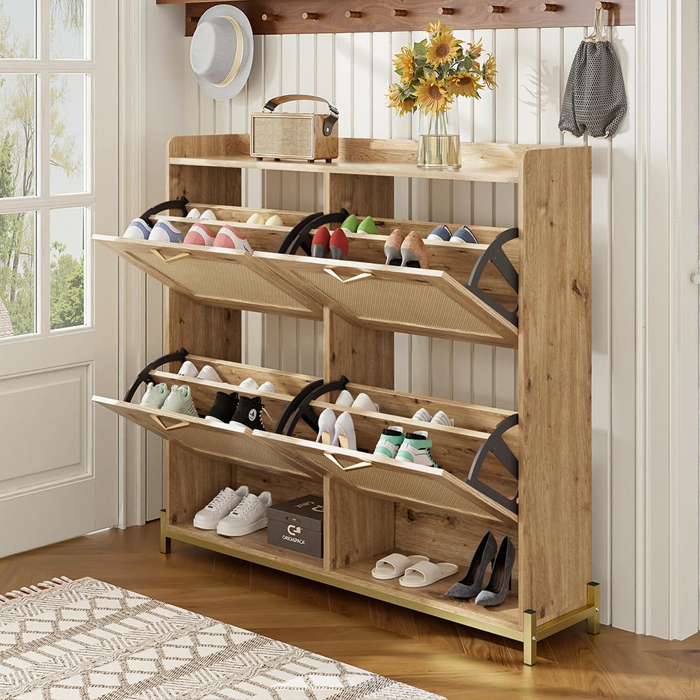 Elégant Meuble à Chaussures en Bois à 4 Portes coulissantes en rotin, Meuble de Rangement pour la Maison avec Cadre en métal et étagère supérieure (108.5 L x 24 B x 100 H)