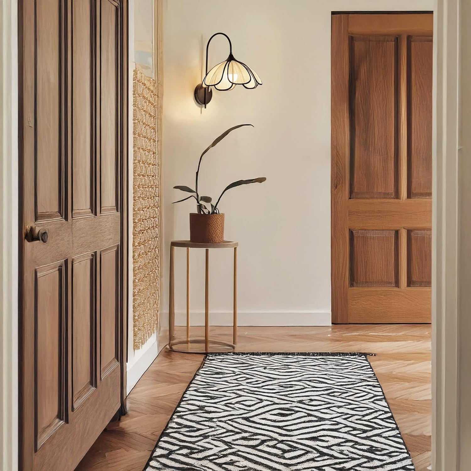 Nordic Modern Wall Sconce Black Hardware Arc Arm & Fabric Petal Shade LED Wall Lamp Creative for Living Room Bedroom Café Hallway Entryway French Retro Art Decor Ambient Lighting Fixture