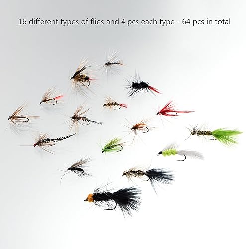 Miniatura 2 de BASSDASH Kit de pesca con mosca surtida, paquete de 64 piezas, incluye moscas secas y húmedas, ninfas, serpentinas, terrestres, sanguijuelas y más,