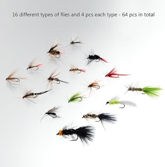 Bassdash Fly Fishing Assorted Flies Kit, Pack of 64 pcs Fly Lure Including Dry Flies, Wet Flies, Nymphs, Streamers, Terrestrials, Leeches and More, with Magnetic Fly Box
