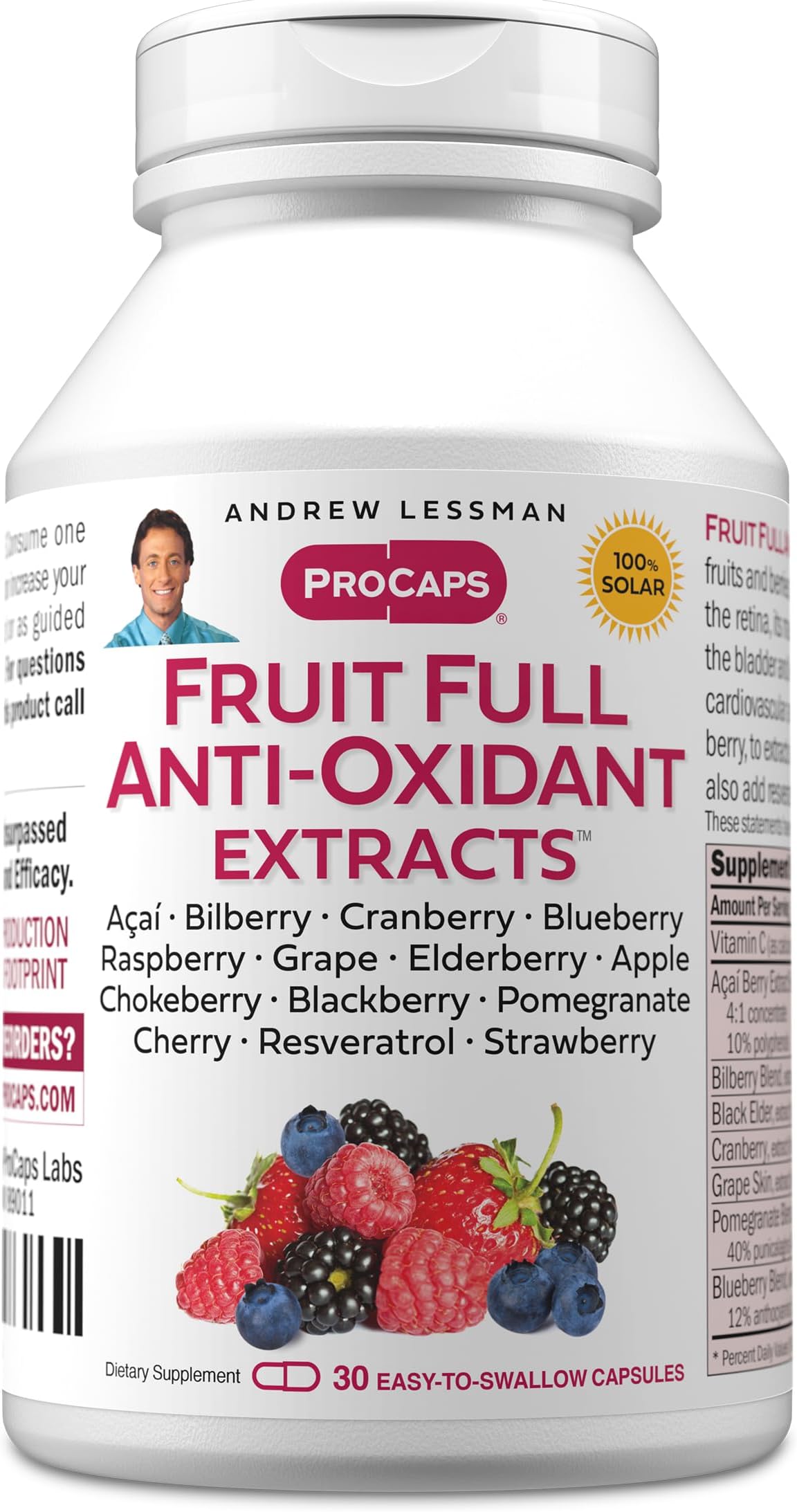 Fruit Full Anti-Oxidant Extracts 30 Capsules - 14 Natural Fruit and Berry Extracts. Bilberry, Cranberry, Grape Seed, Pomegranate, Resveratrol, and More. Easy to Swallow Capsules