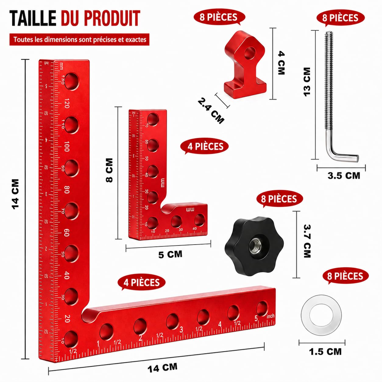 Lot de 8 équerres de positionnement à 90° aluminium, 4×140 mm + 4×80 mm | Kit d'équerres aluminium | serre joint angle meubles,cadres,tiroirs | Haute précision,outil menuisier| Aluminium antirouille