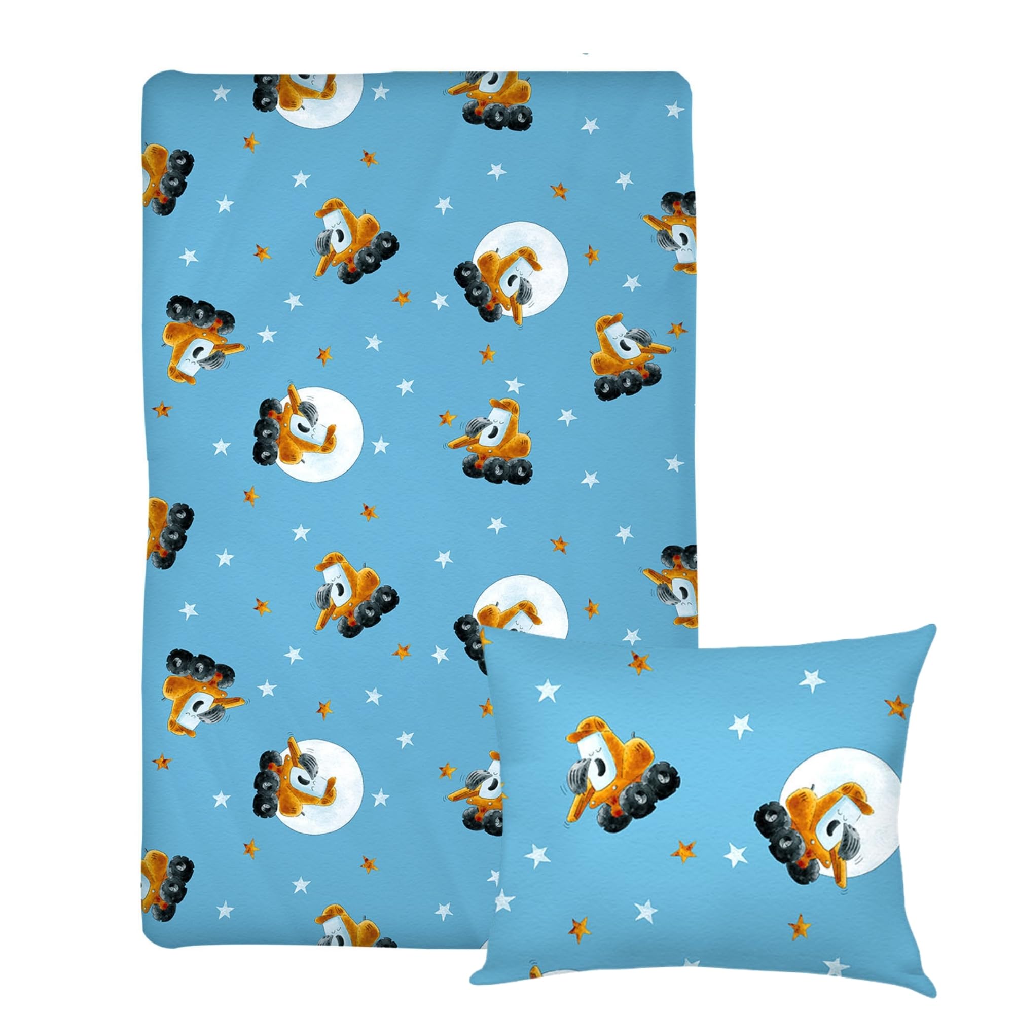 Bagger Ben Kinder Bettwäsche Set - 2-teilig aus 100% Baumwolle: Blaue Kinderbettwäsche 100 x 135 cm mit Kissenbezug 40 x 60 cm - Sanfte Baustellen-Motive zum Einkuscheln