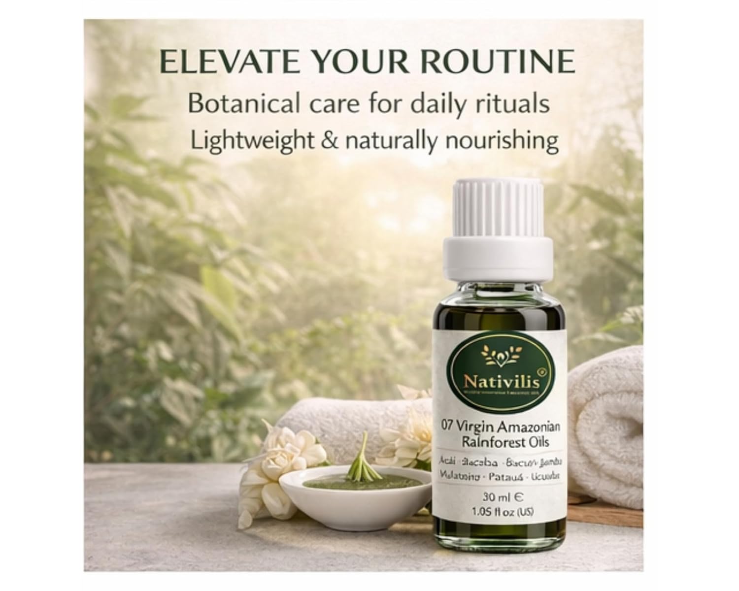 Nativilis 07 Virgin Amazonian Rainforest Oils - ACAI - BACABA - BACURI – JAMBU - MULATEIRO - PATAUA – UCUUBA - enriched seven vegetable facial oils for skin care powerful anti-aging COPAIBA properties