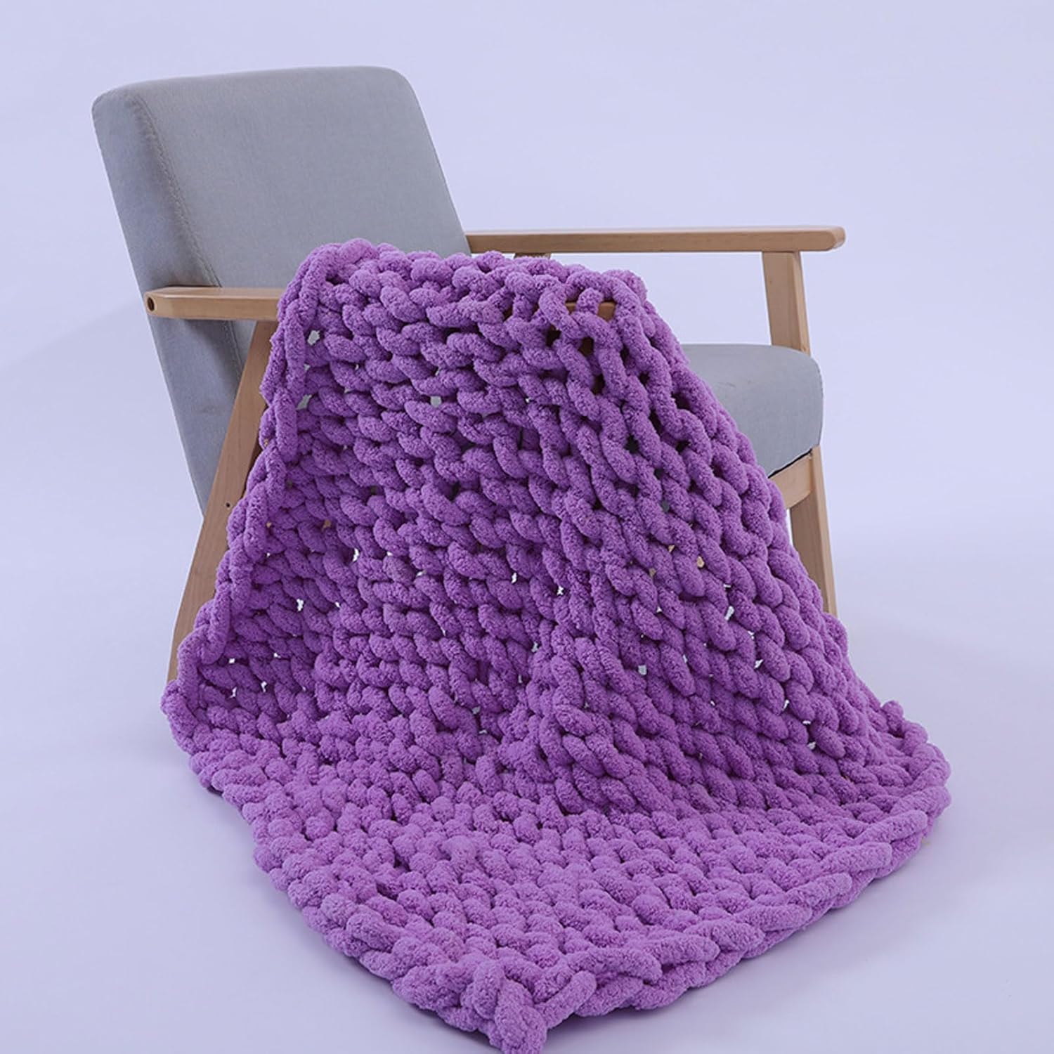 RUANLOV Chunky Knit Blanket, 100% Hand Knitted Chenille Blanket, Small Soft Roving Cable Knit Blanket, Cute Knotted Crochet Blanket, Suitable for Sofa Bed Sofa (Purple 127x152cm)