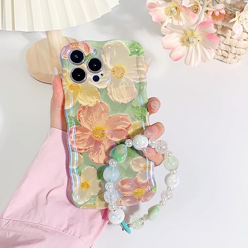 Miniatura 3 de NITITOP Funda compatible con iPhone 13 Pro Max, bonita funda de pulsera con flores de aceite y correa de muñeca con cordón verde para mujeres y