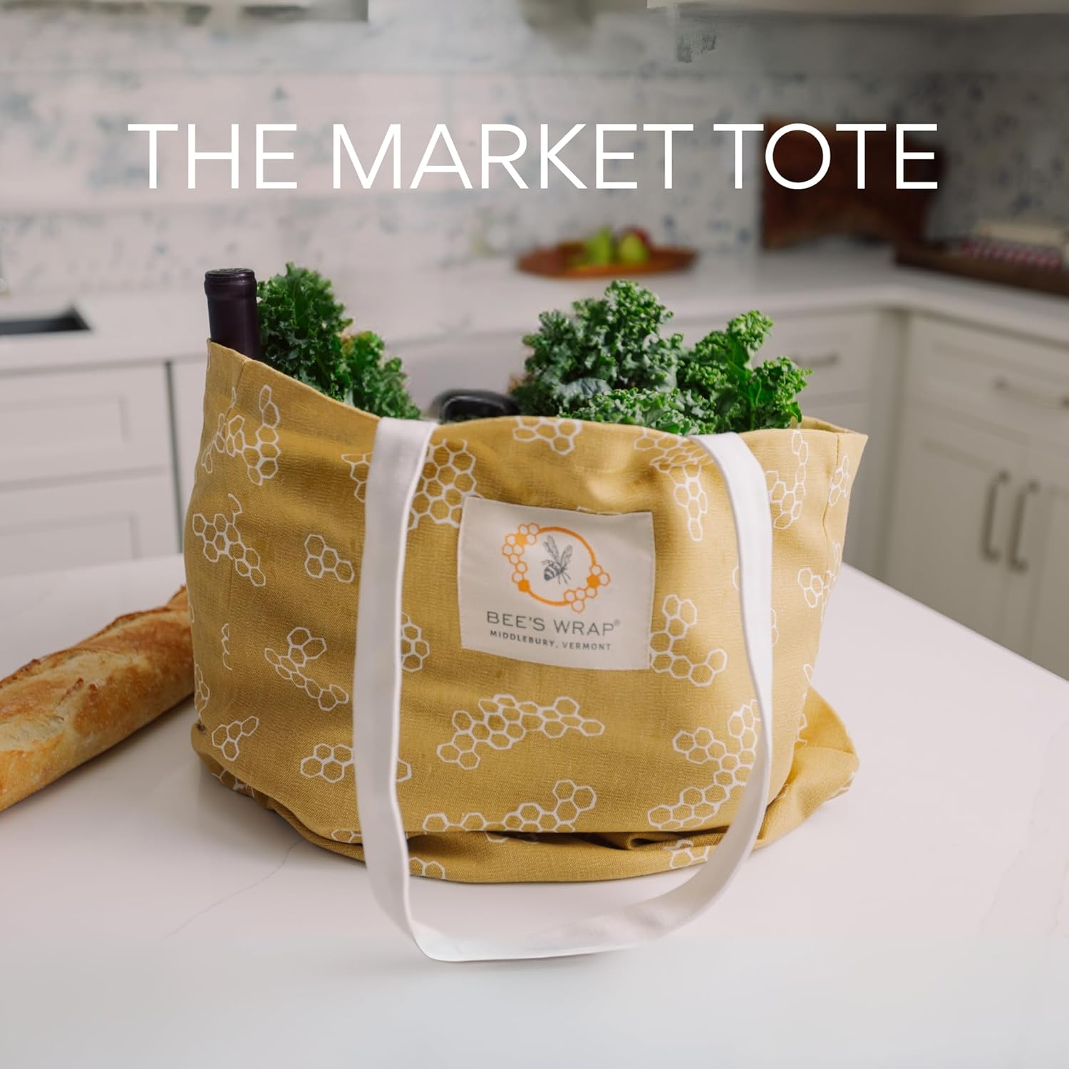 Bee's Wrap Market Tote Bag (Pack of 2) - Durable Organic Cotton - Extra Large Reusable Grocery Bags - Tote Bags with Pockets and Straps - Yellow Honeycomb Pattern - Image 2