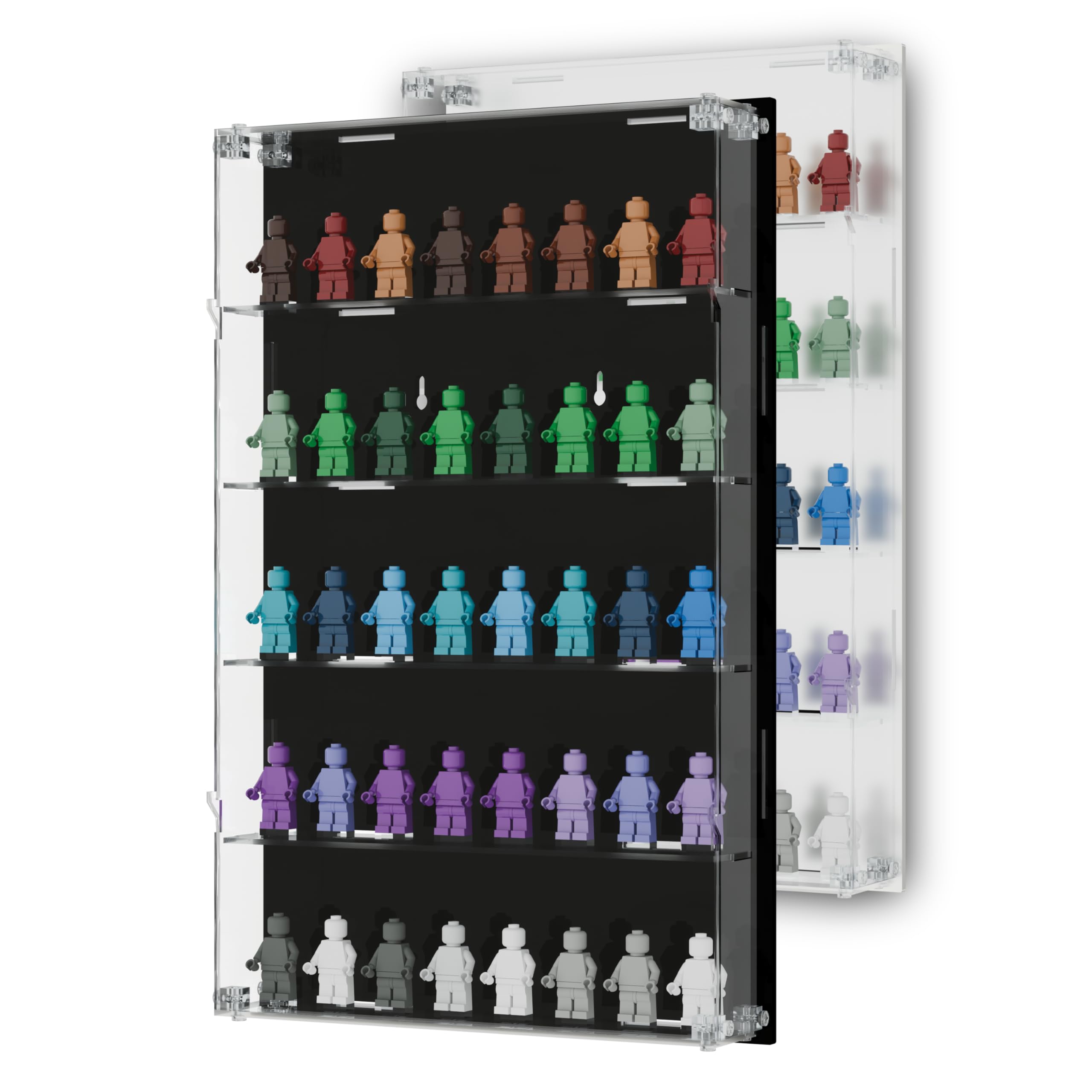 Acrylic Minifigure Display Case Wall Mount Mini Figure Storage Shelves  with Black Background Holds 40 Tall Minifigs Clear Shelf Box for Large