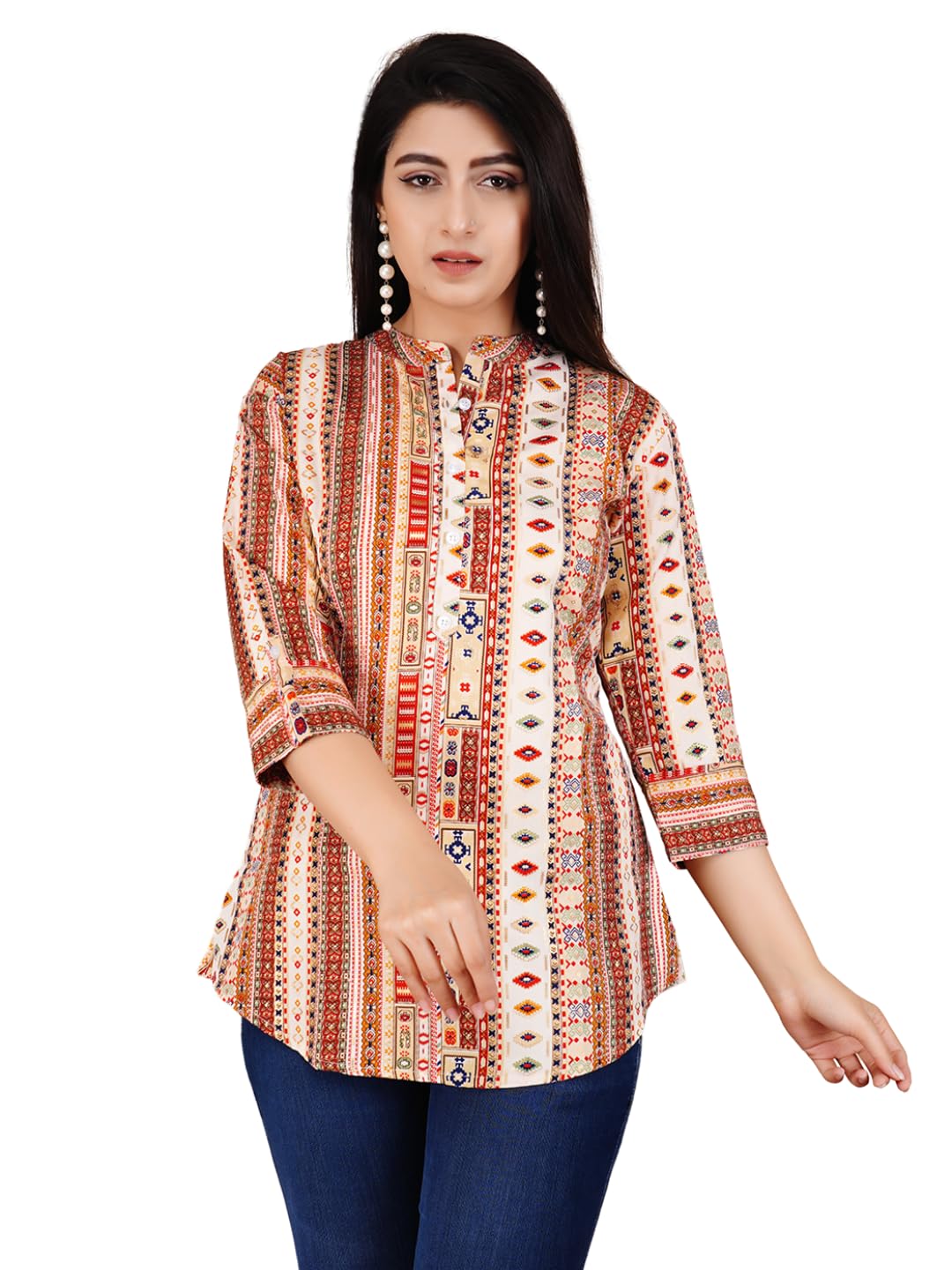 febq Women's Polycotton Fabric 3/4 Sleeves Mandarin Collar Front Button Printed Short Kurti-picture-12