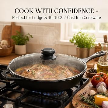 10.25 Inch Tempered Glass Lid for Lodge 10.25 Cast Iron Skillets & 5QT Dutch Ovens - Universal Cover for Frying Pans, Skillets, Pots & Dutch Ovens
