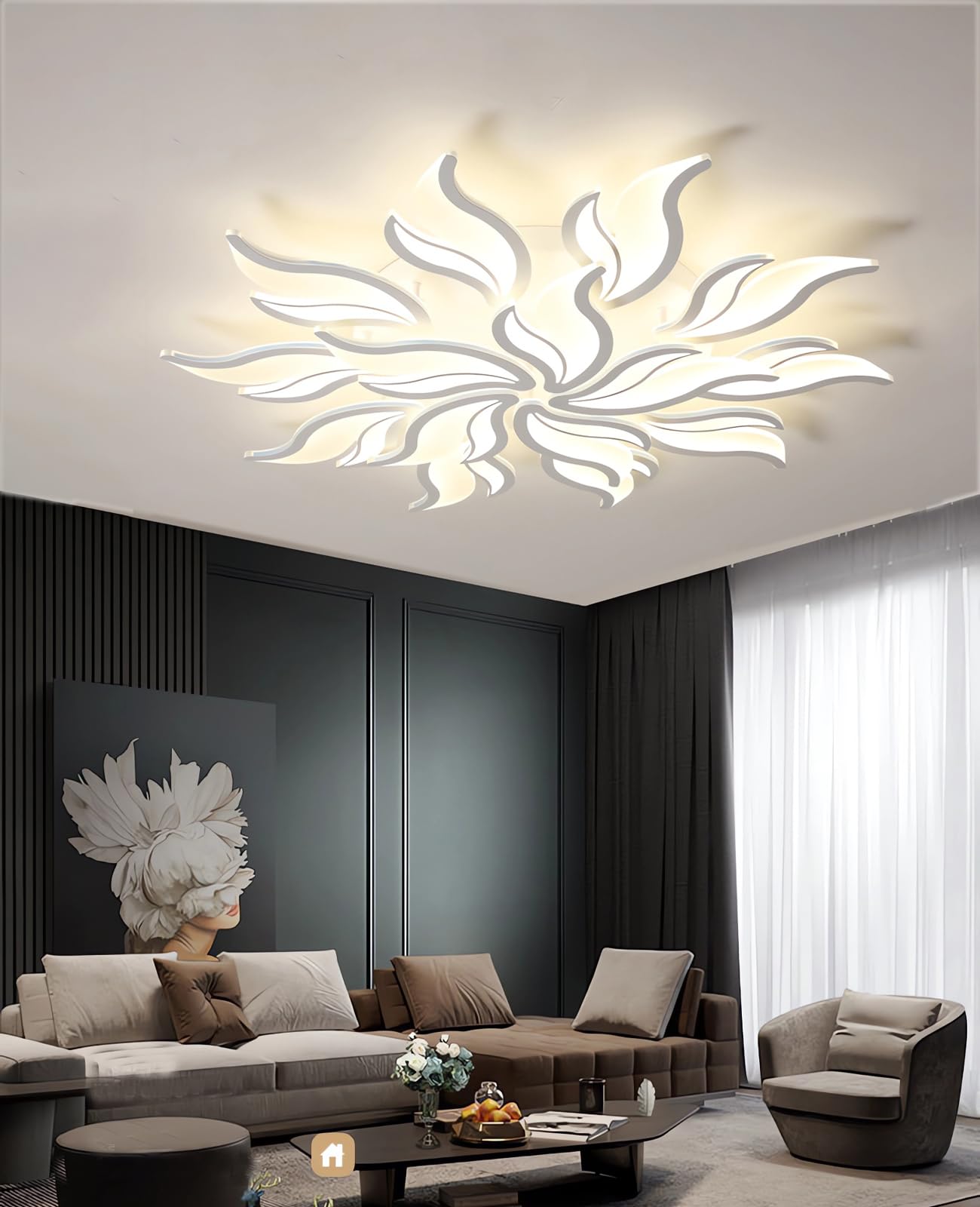 Modern Led Ceiling Light Dimmable with Remote Control Ceiling Lamp Living Room Bedroom Dining Room Ceiling Light Flame Modelling Multifunctional Ceiling Lighting (White, 15 Heads)